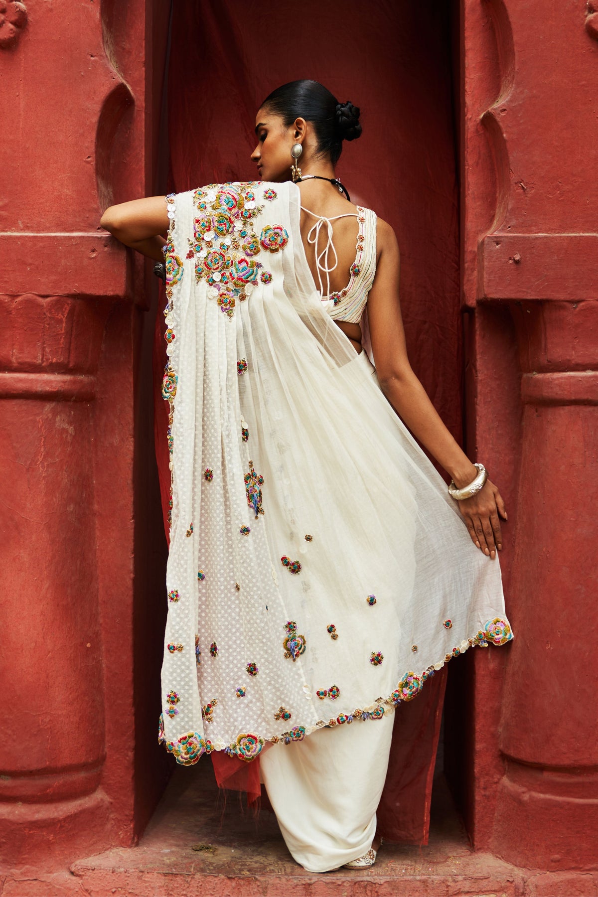 Ivory Embroidered Pre-draped Saree Set