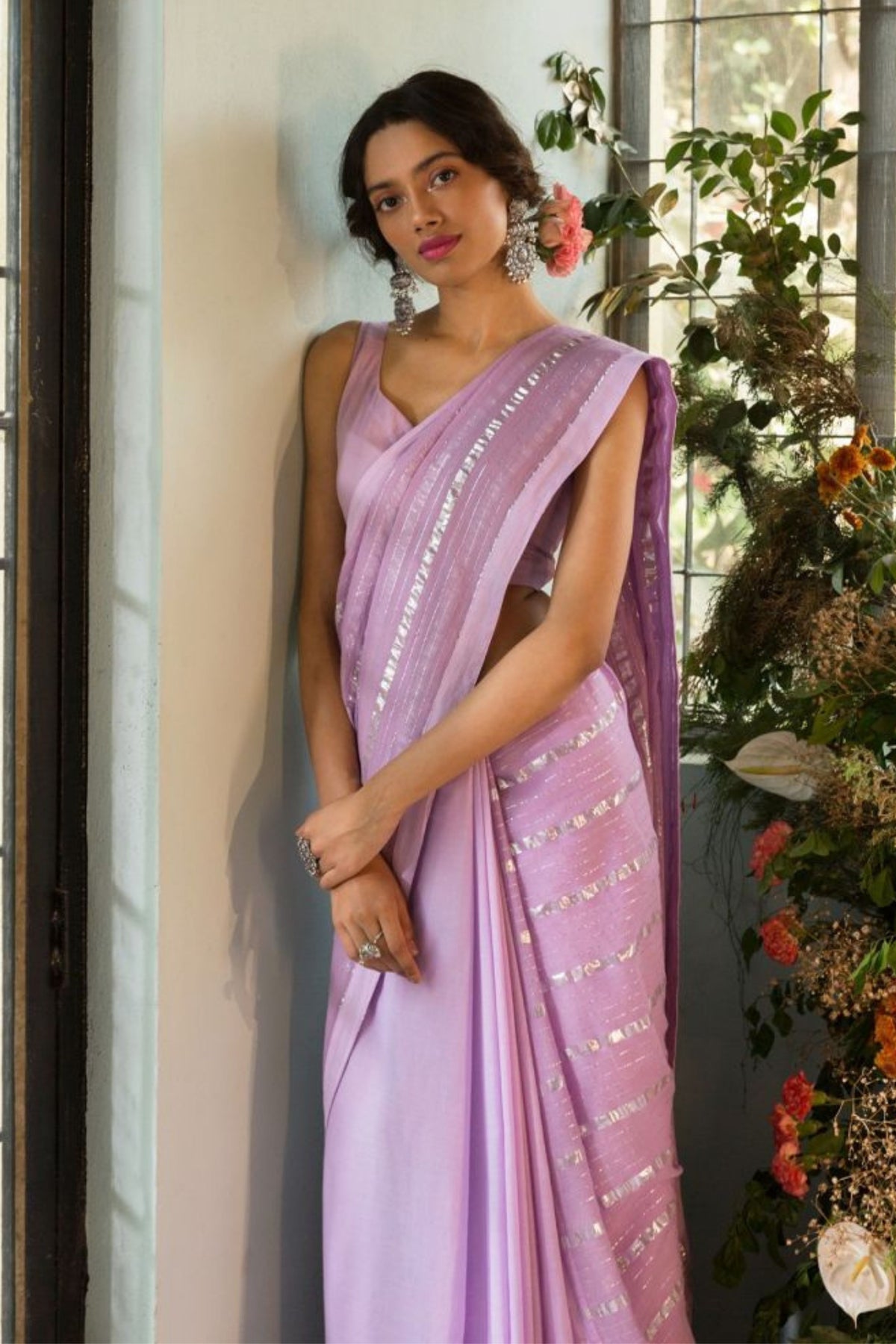 Lavender Stripes Saree Set