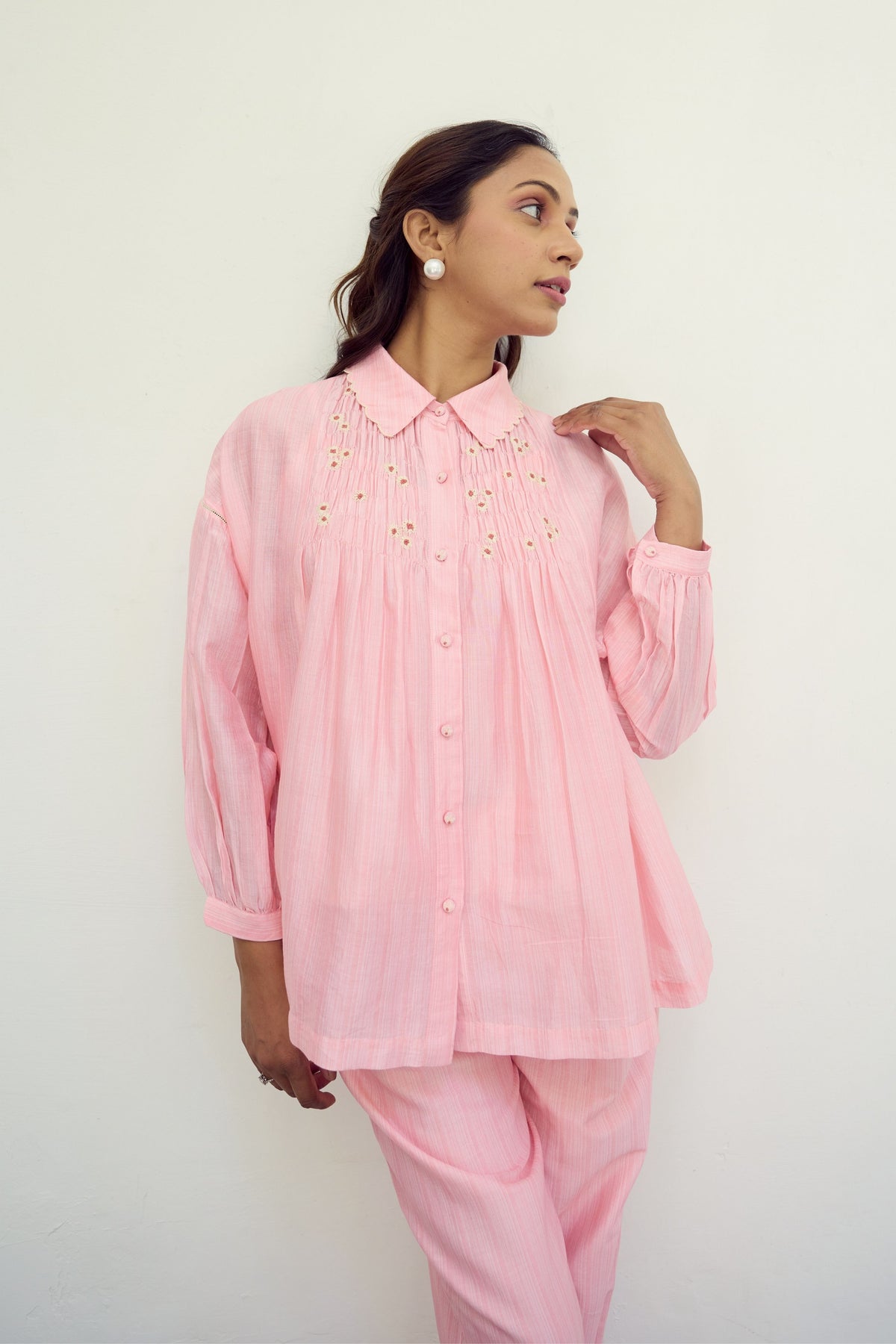 Pink Smocked Embroidered Shirt