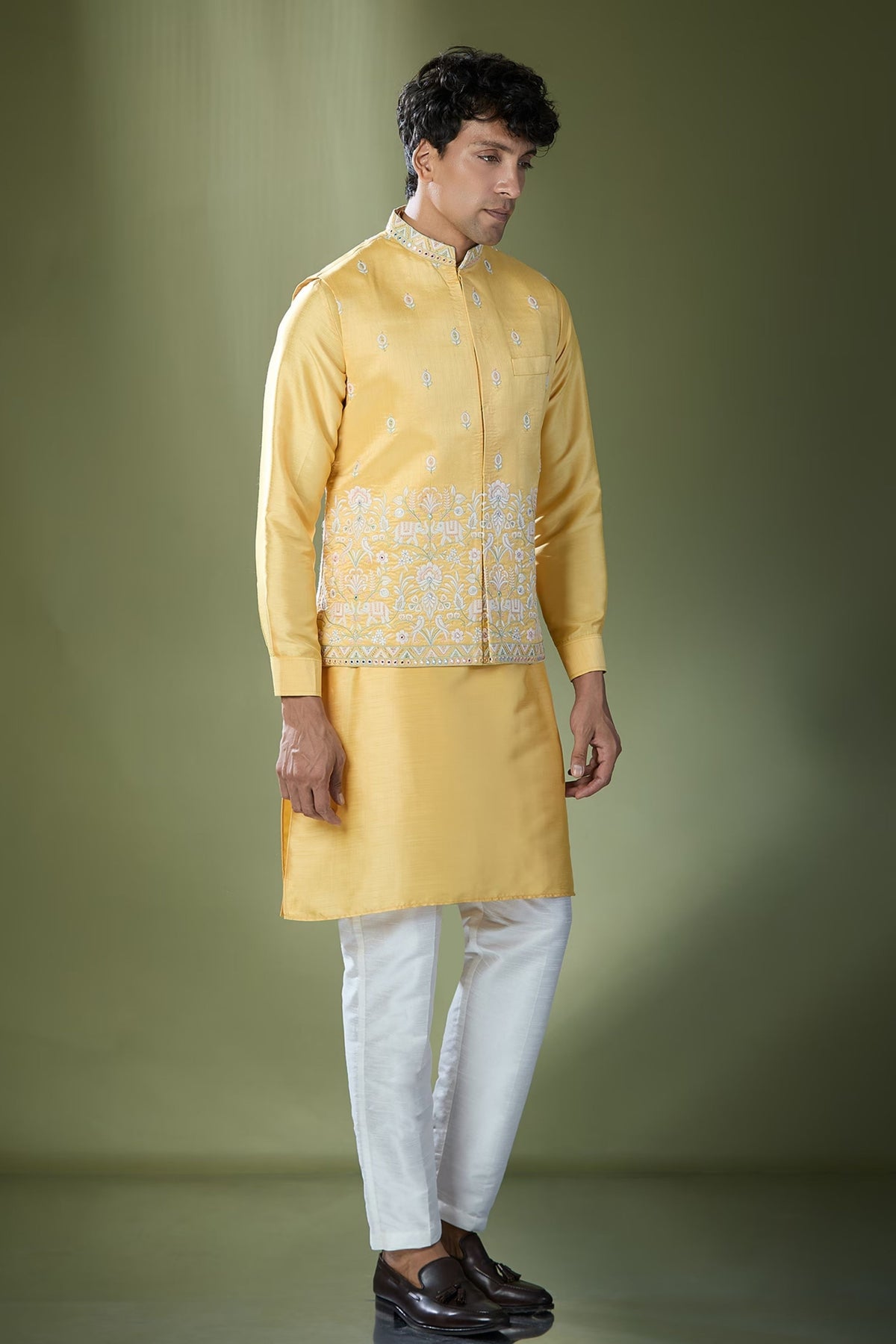 Yellow Embroidered Nehru Jacket Set