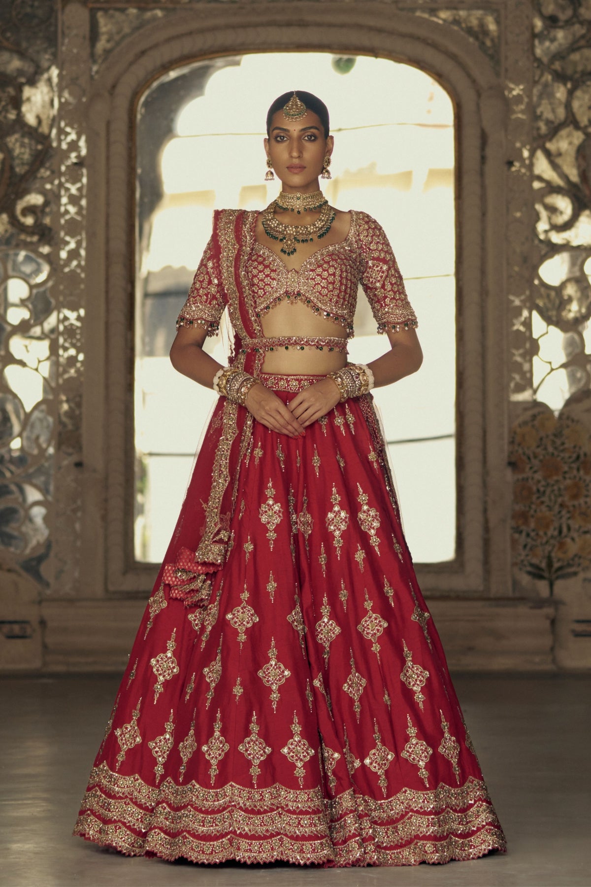 Red Antique Kasab Lehenga Set