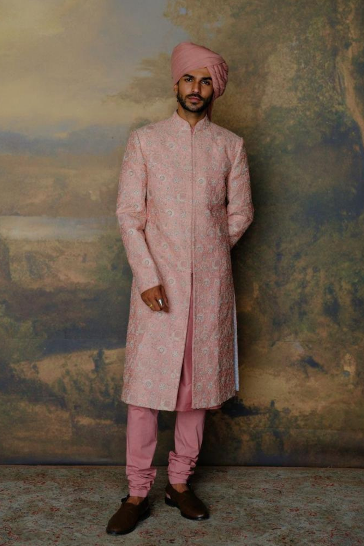 Peach Sherwani Set With Pagdi