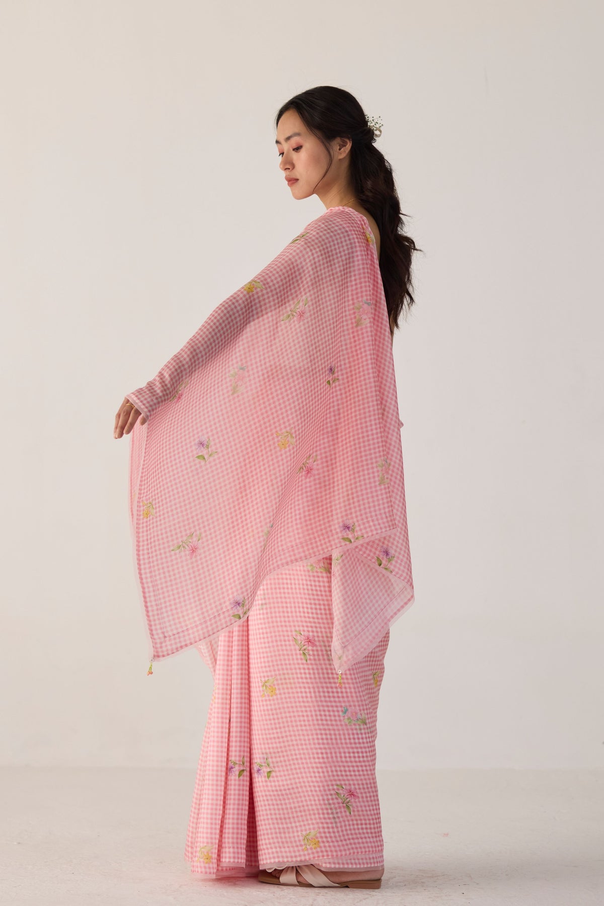 Pink Serene Meadow Mulberry Organza Silk Sari