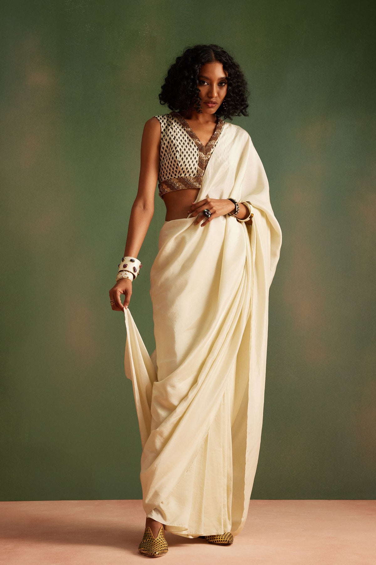 White Pre Draped Saree