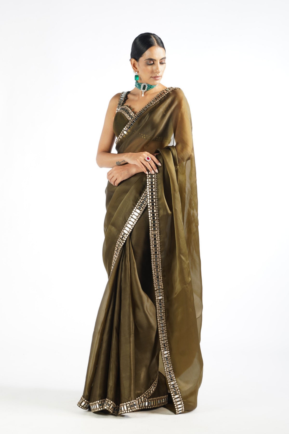 Olive Green Mirror Work Saree Set