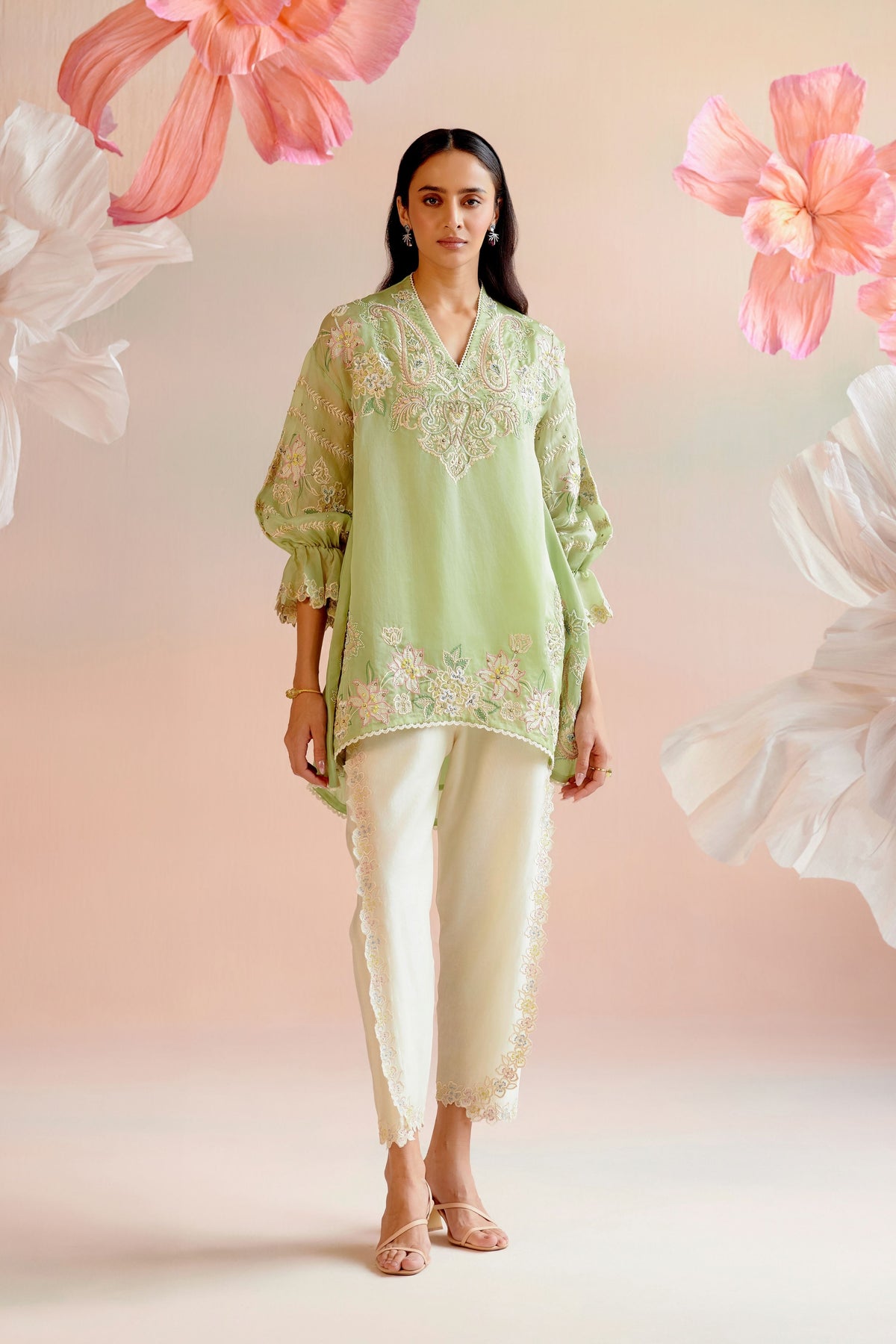 Mint Green Contrast Paisely Embroidered Tunic Set