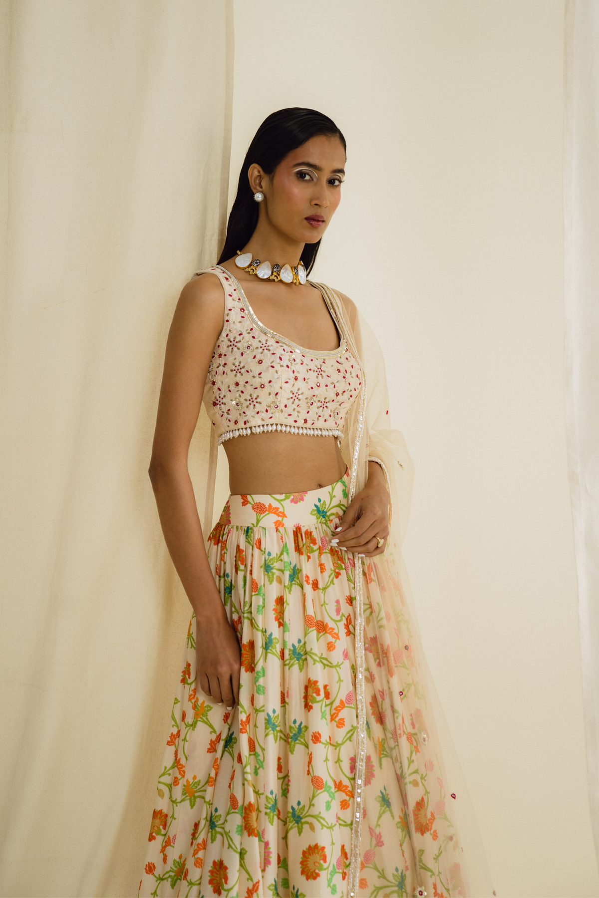 Navy Gathered Printed Lehenga Set