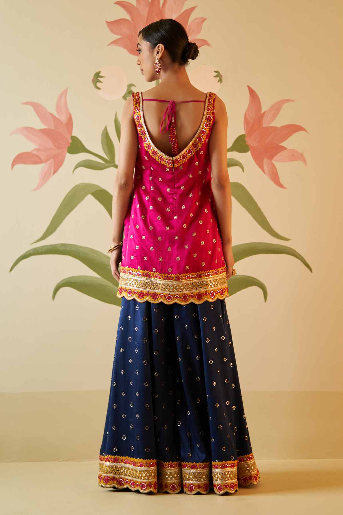 Navy Blue Satin Sharara Set