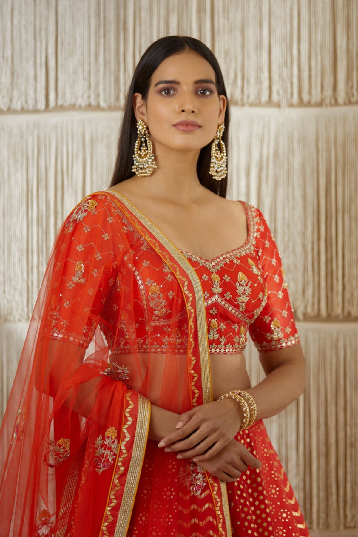 Red zardozi silk lehenga set