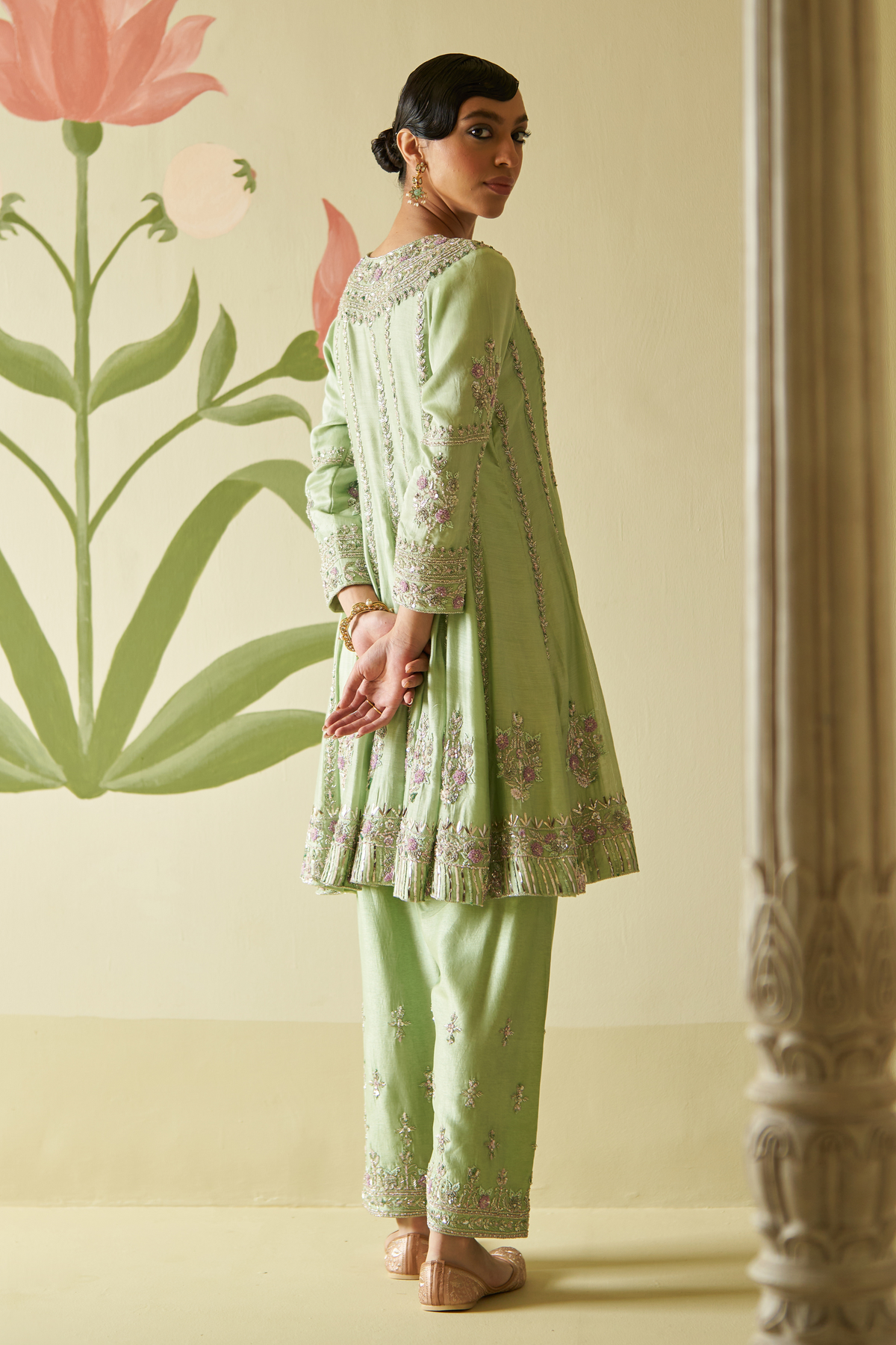 Mint Green Chanderi Silk  Anarkali Set