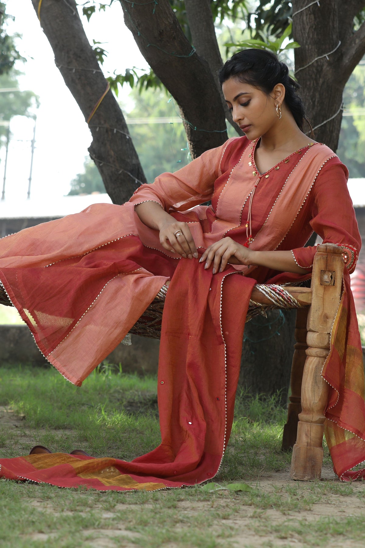 Red And Peach Kurta Set