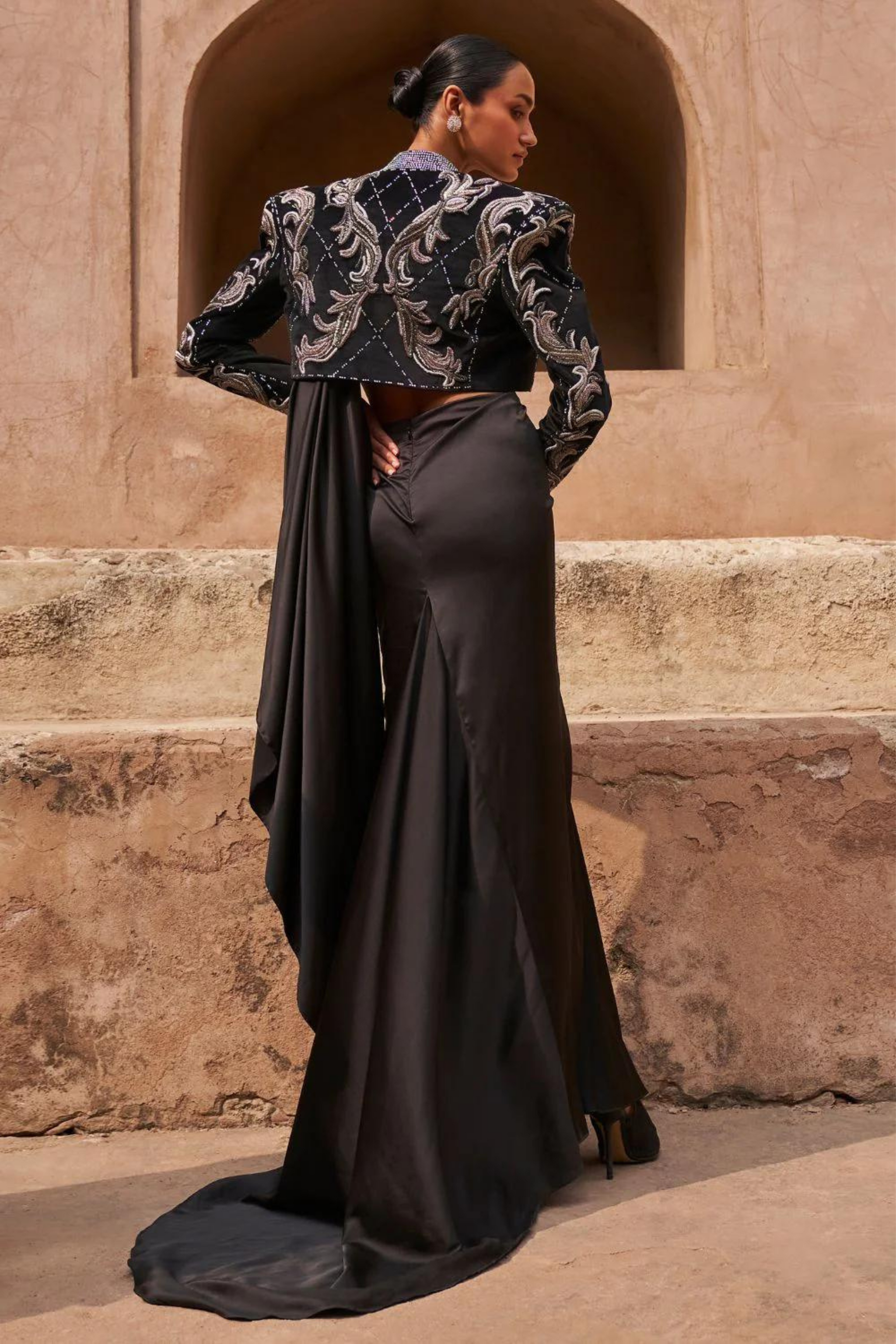 Beige Silk Draped Blazer With Crop Top and Skirt