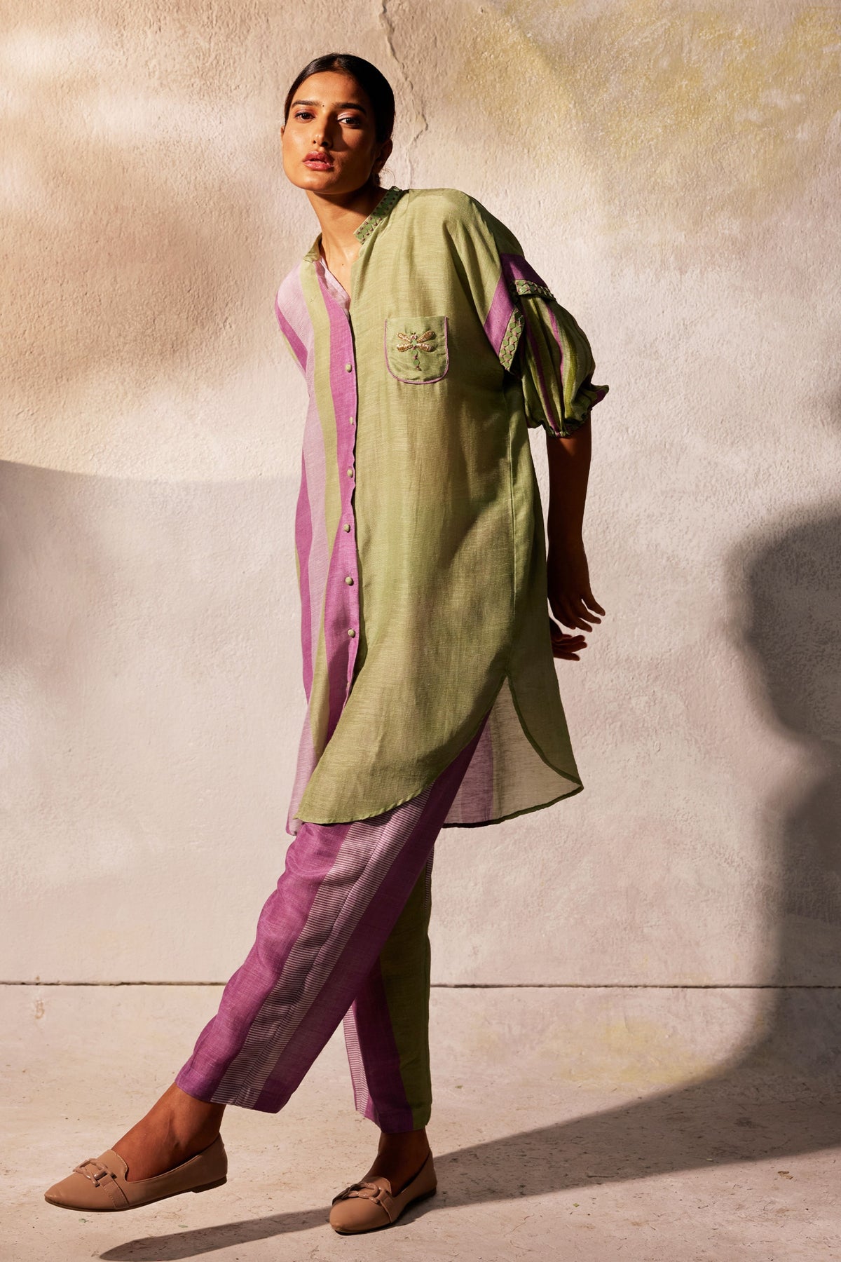 Green Linen Silk Tunic Set