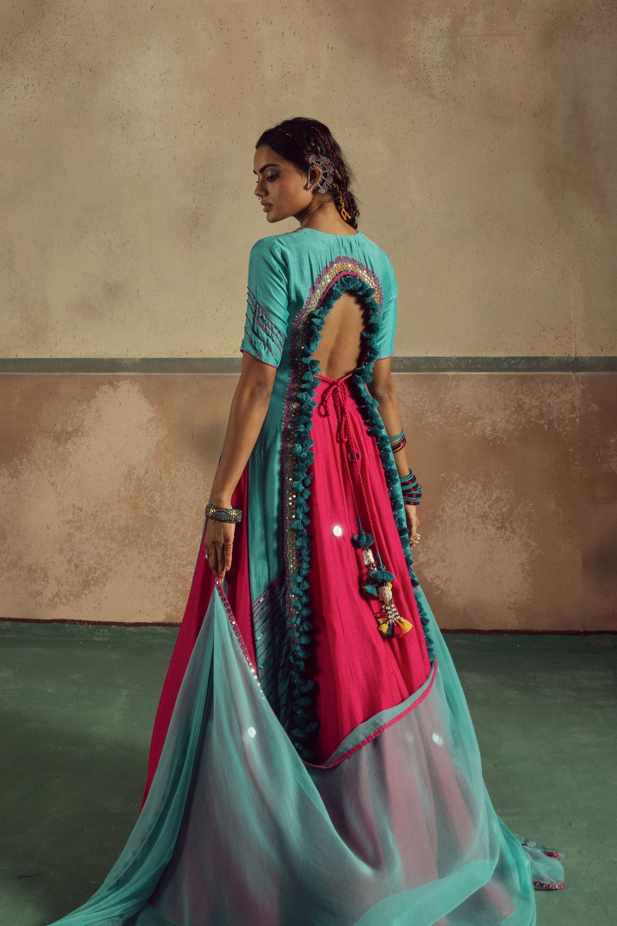 Backless Aqua Kurta Skirt Set