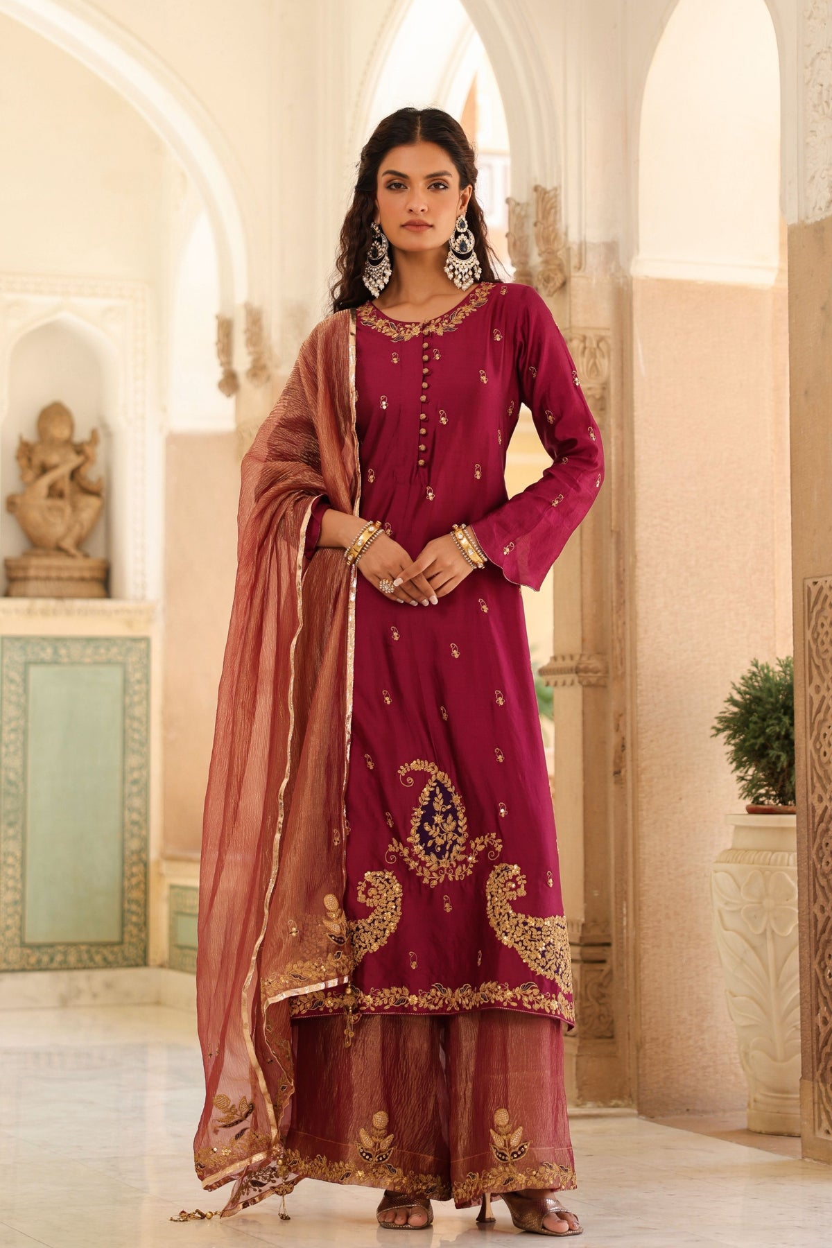 Applique Long Wine Kurta Set