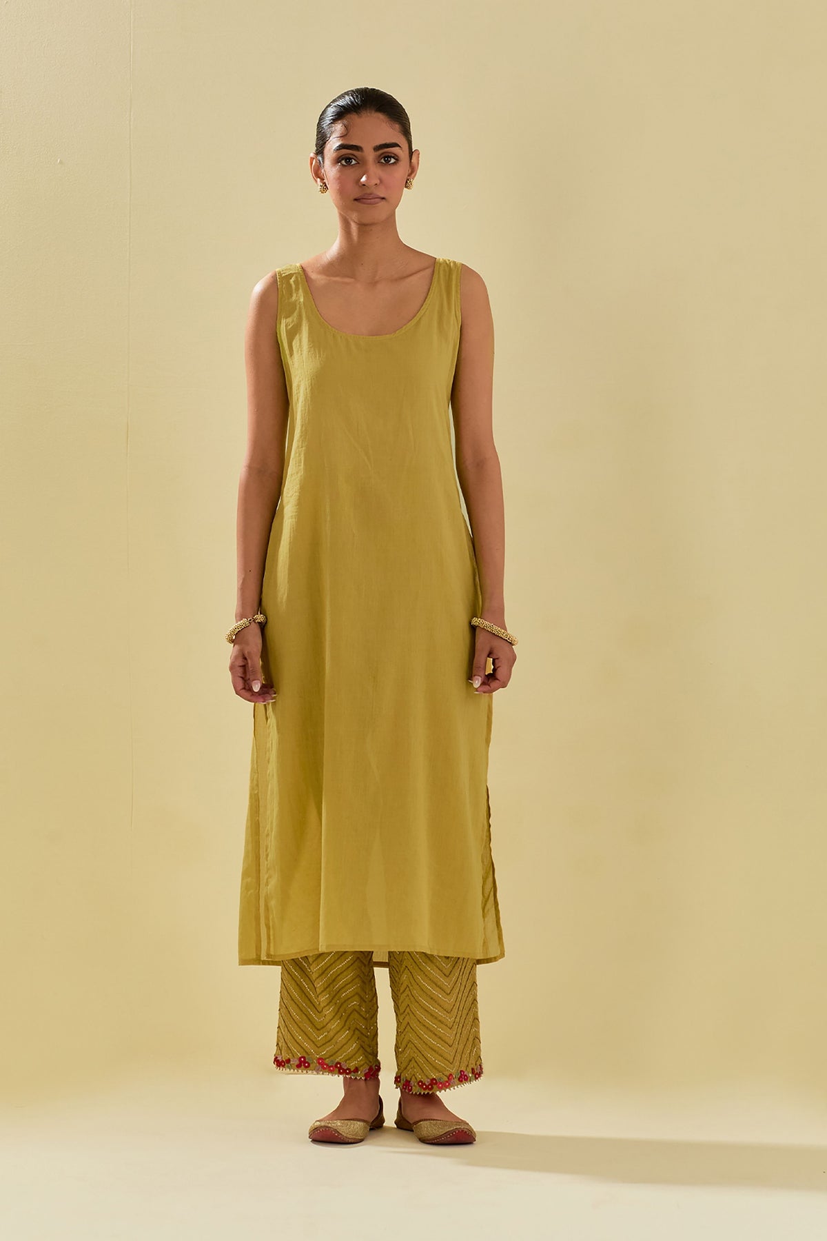 Yellow V Neck Kurta Set