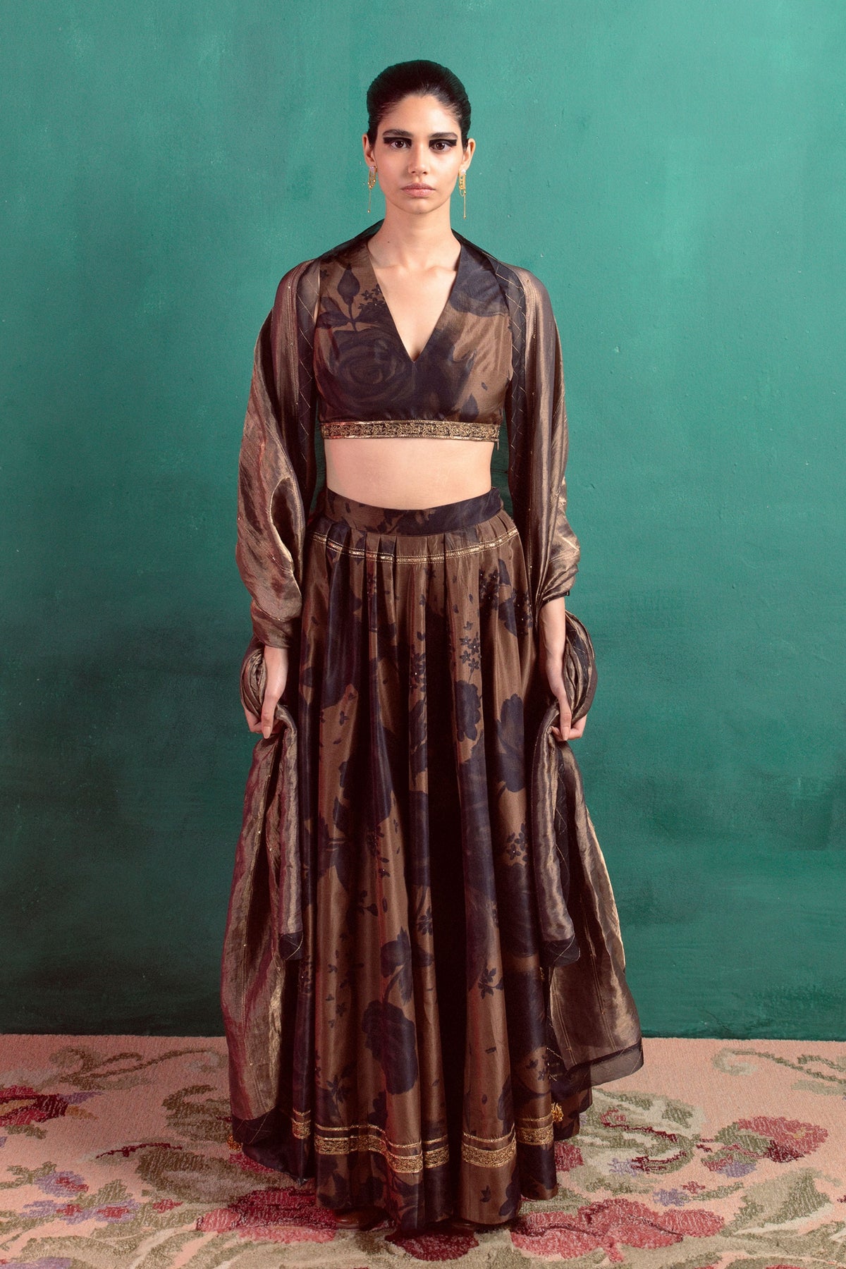 Cedar Brown Hand-embroidered Lehenga