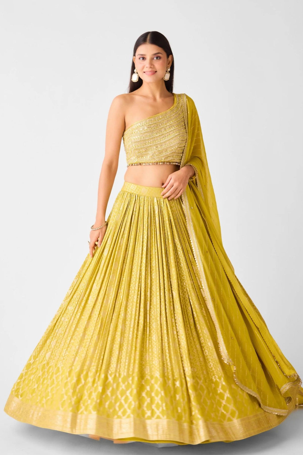 Yellow Banarasi Chinon Lehenga Set