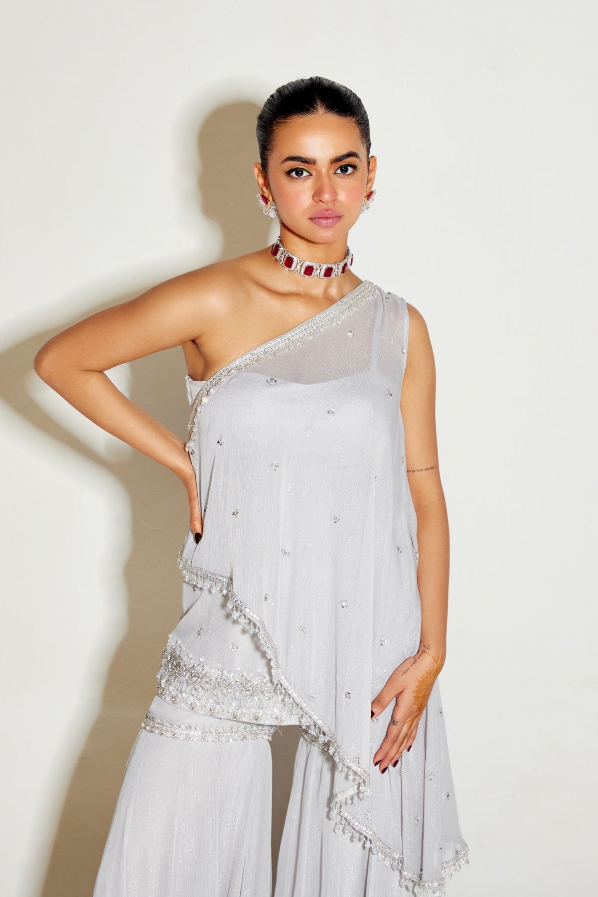 Grey One Shoulder Sharara Set