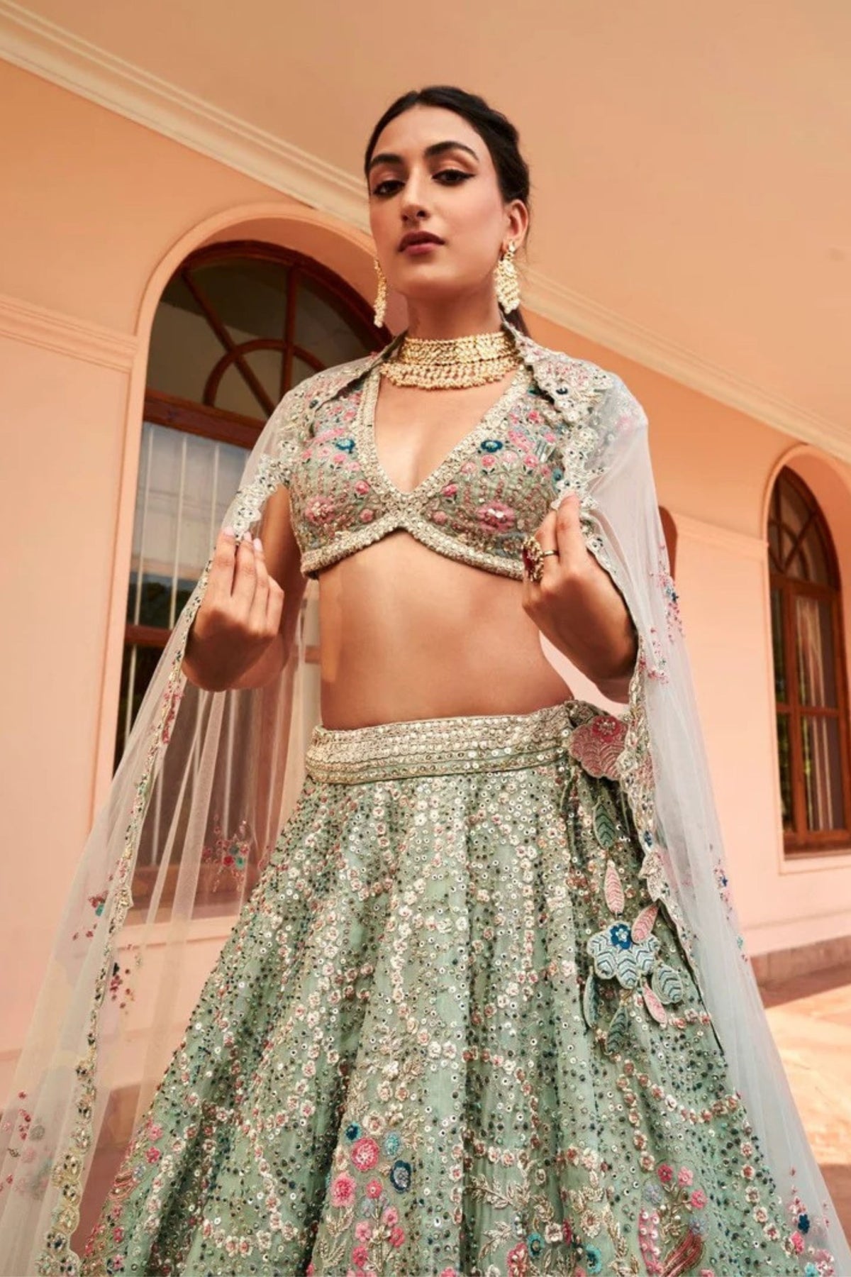 Cadet Blue Embroidered Lehenga