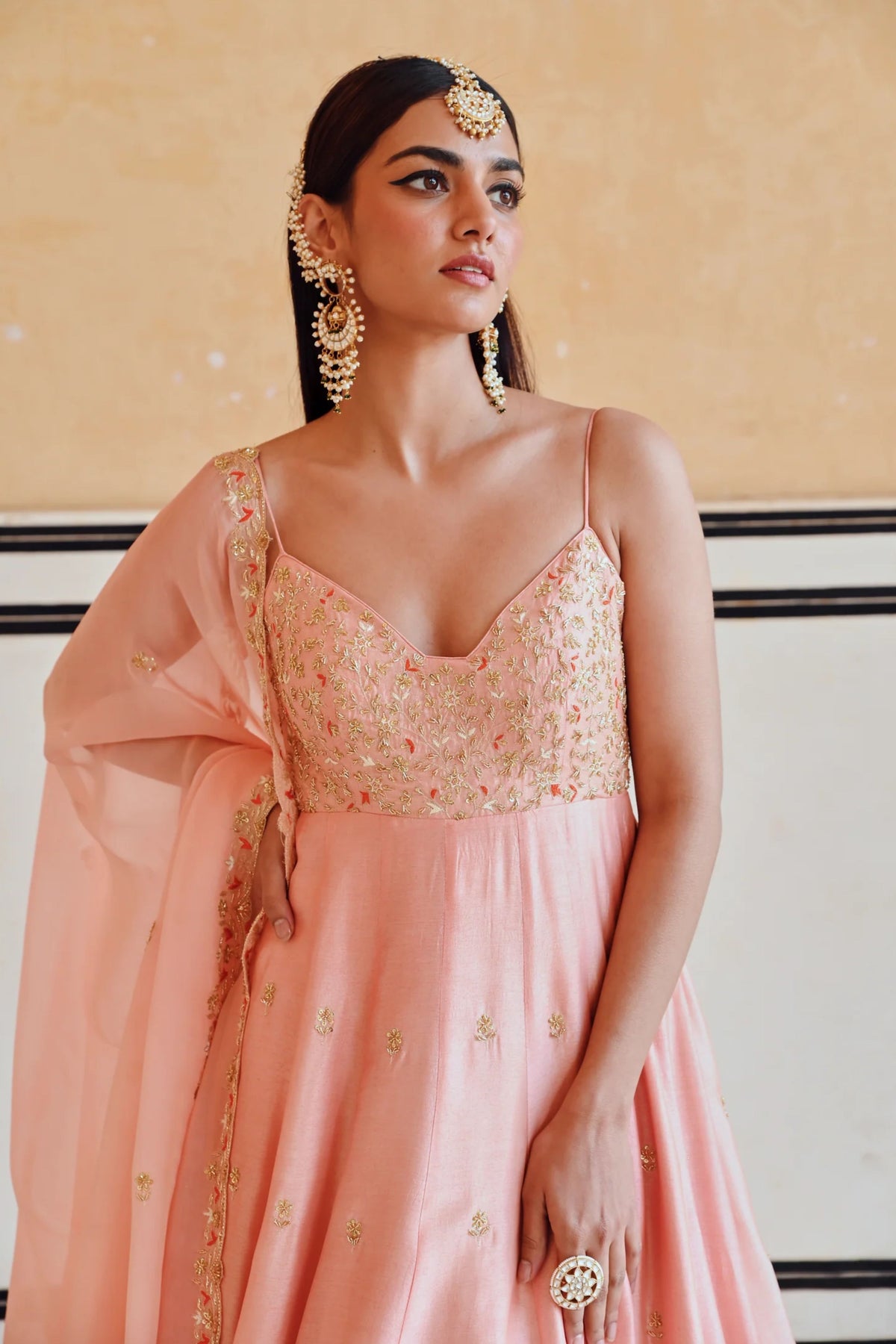 Peach Embroidered Anarakali Set