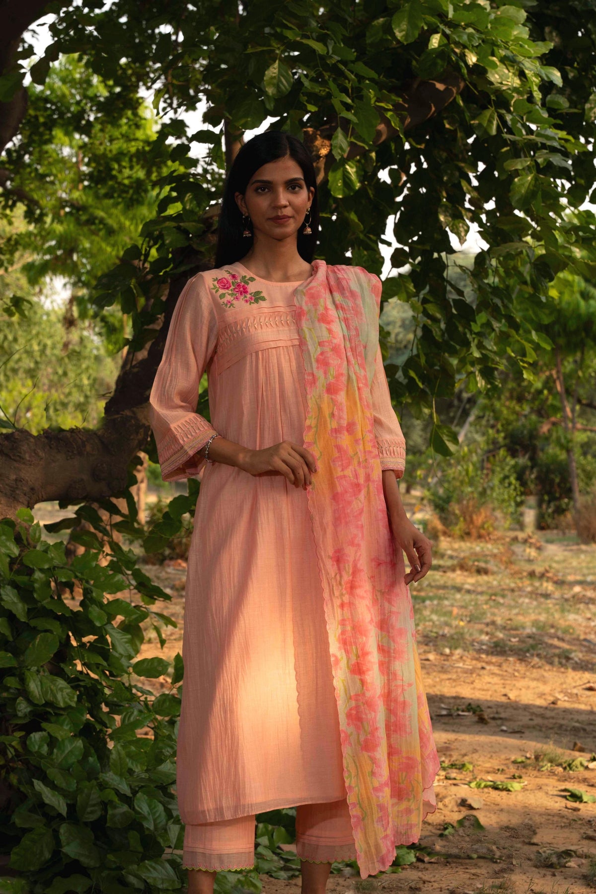 Peach Pleated Kurta  Set With Dupatta