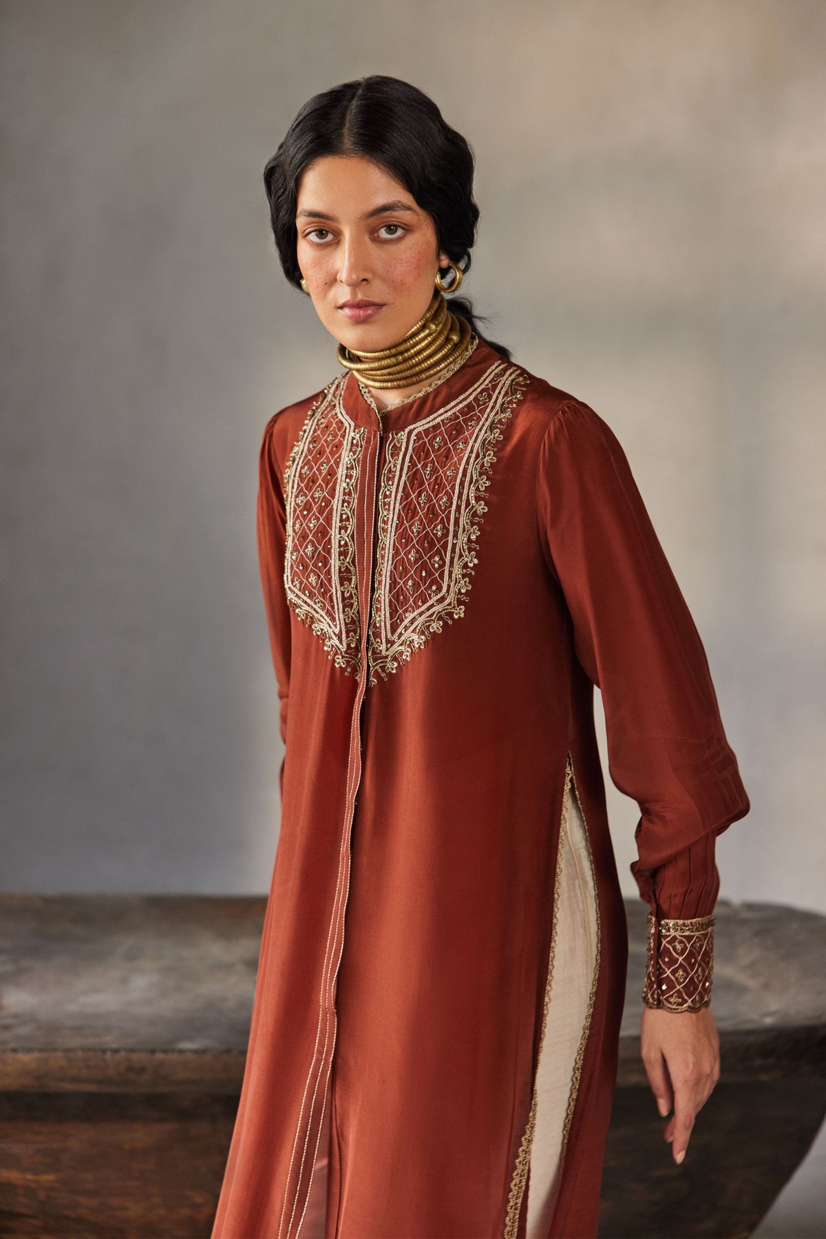 Rust Kurta With Beige Pants