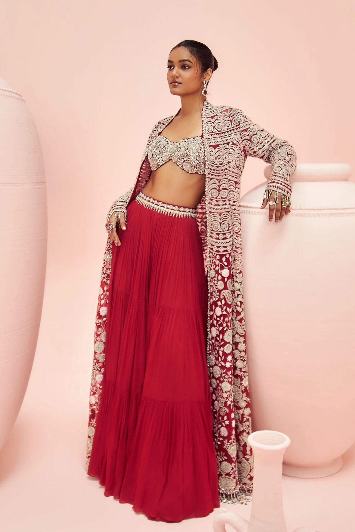 Red Embroidered Jacket And Skirt Set