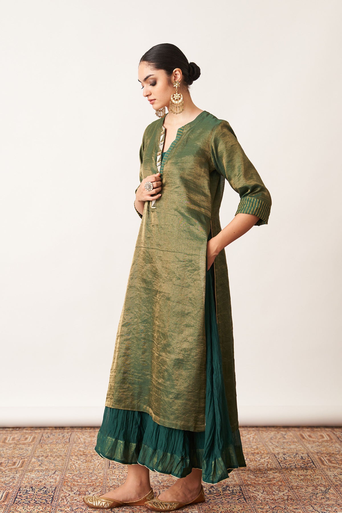 Bottle Green Kurta With Skirt