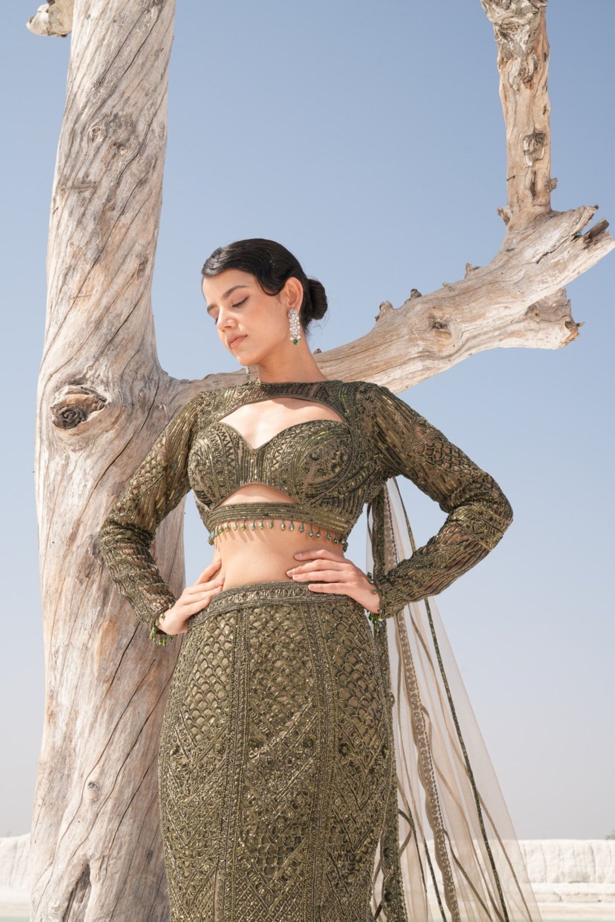 Green Fish Cut Lehenga Set