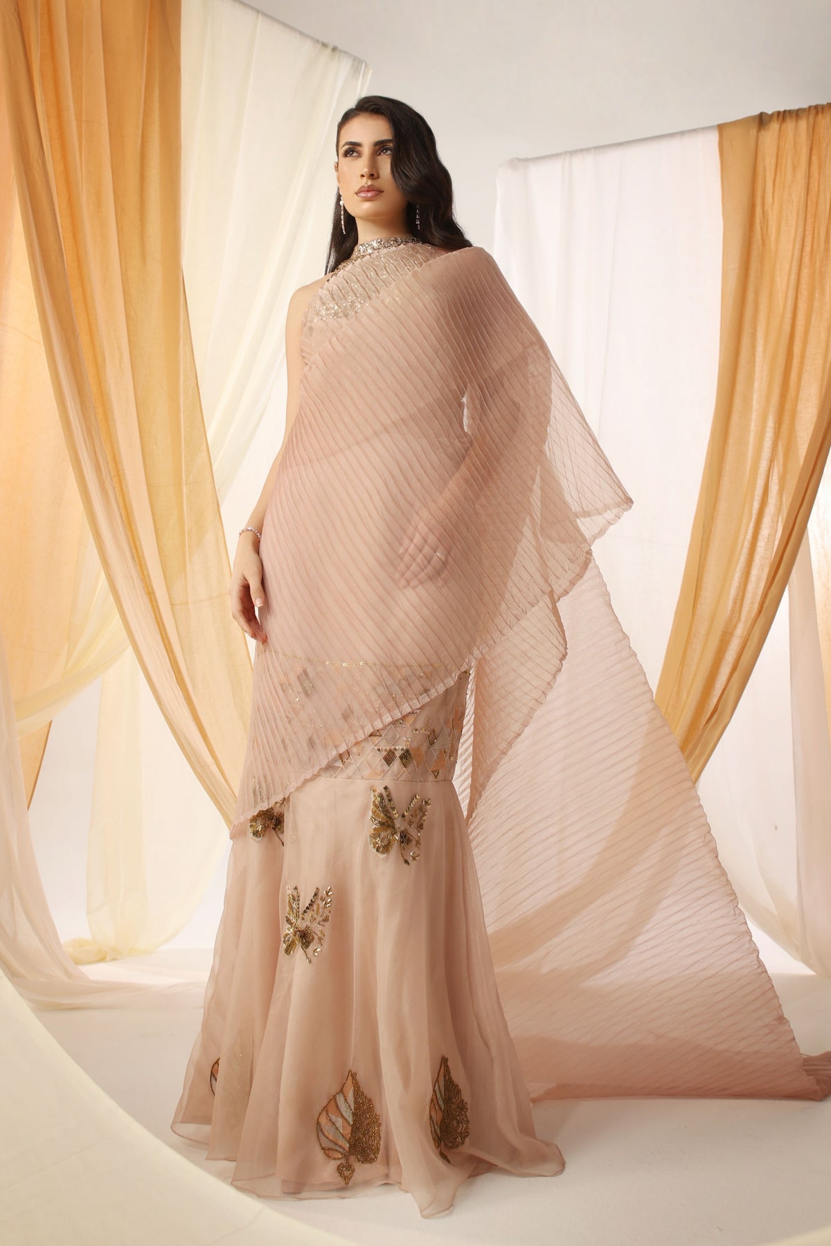 Peach Fuzz Draped Saree Set