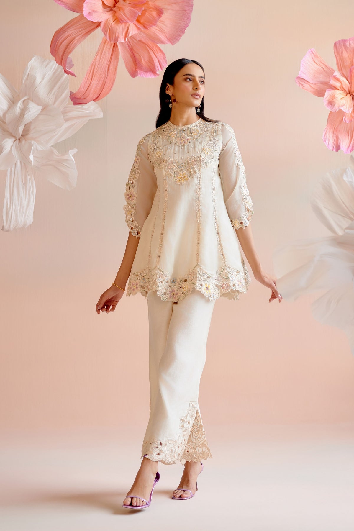 Ivory Cutwork Flared Short Kurta Set