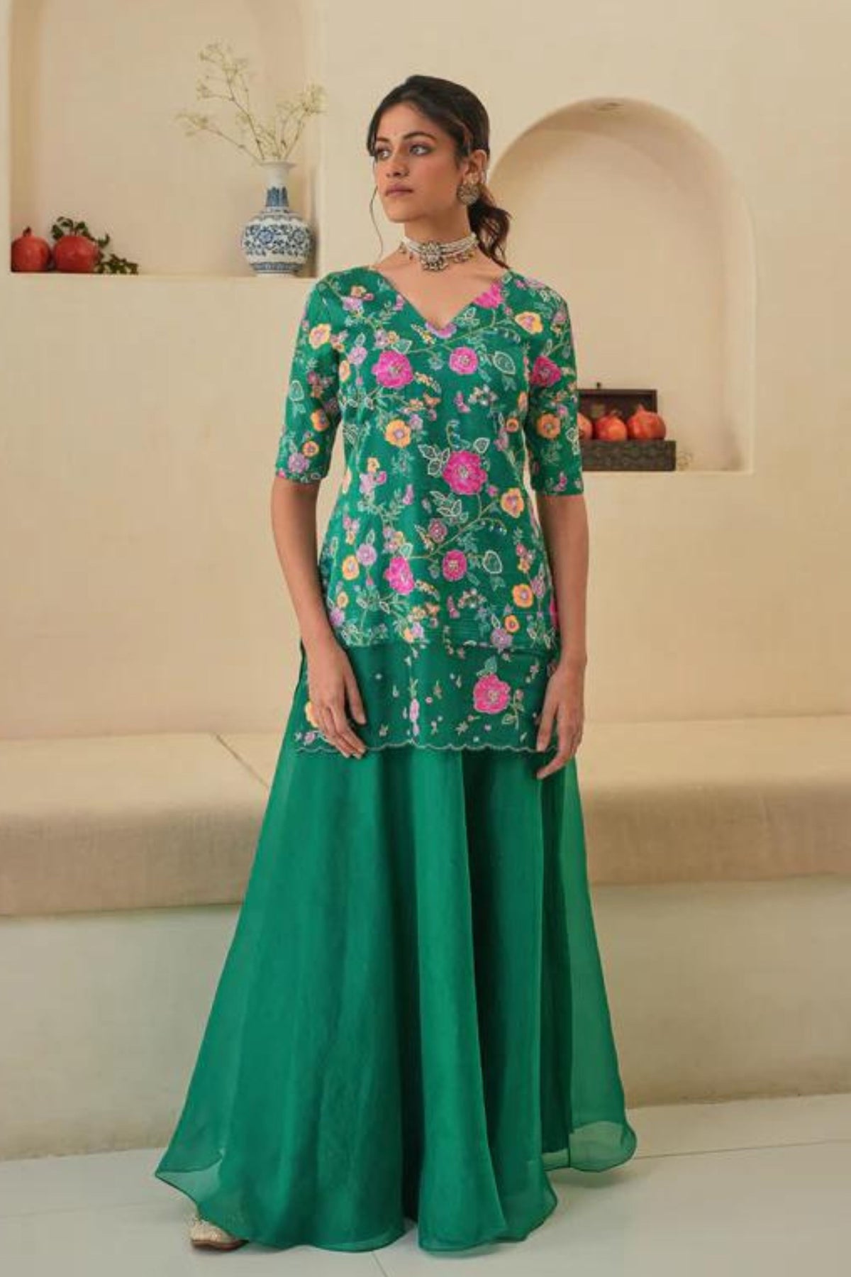 Seri Kurta Lehenga Set in Emerald Green With Dupatta