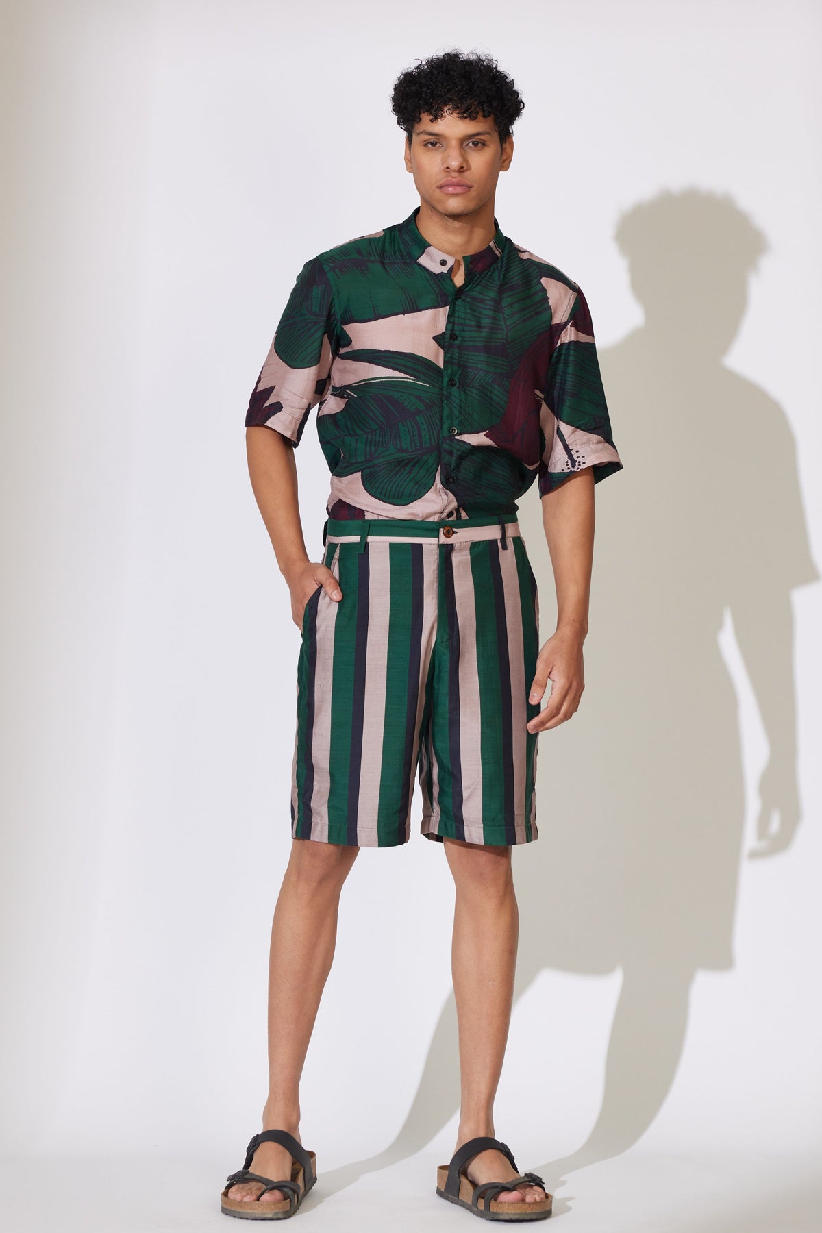 Green and Offwhite Stripe Shorts