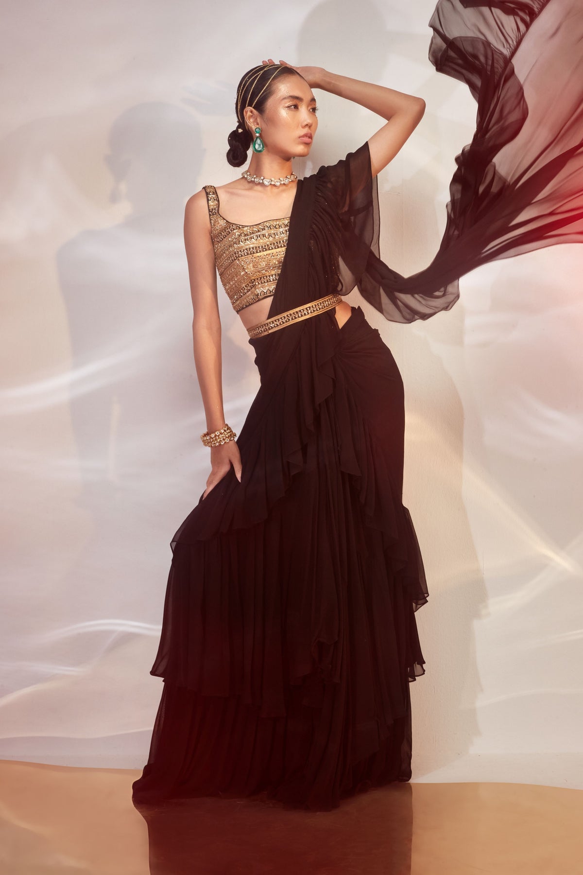 Black Ruffle Drape Saree