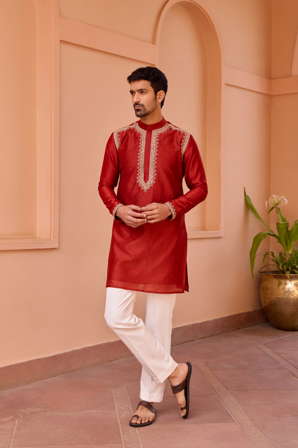 Red dori and hand embroidered silk kurta