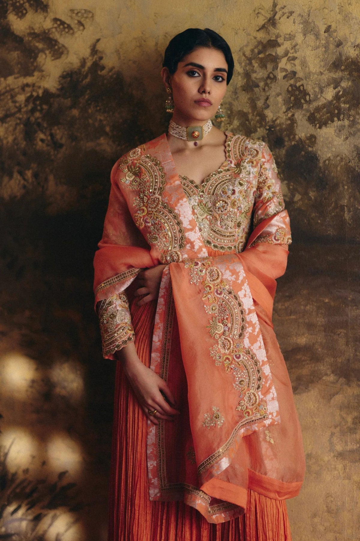 Saffron Crushed Anarkali Set