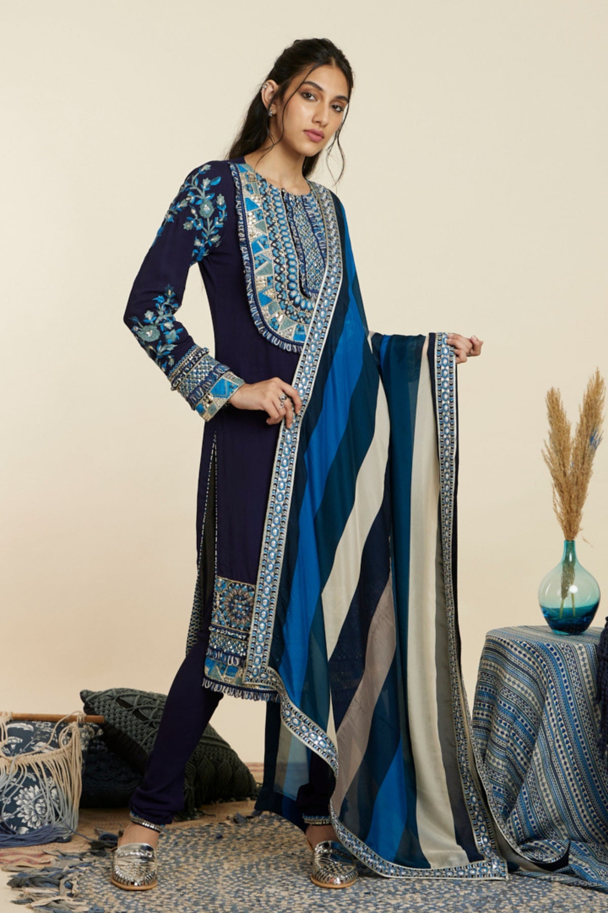 Blue Embellished Yoke Kurta Set