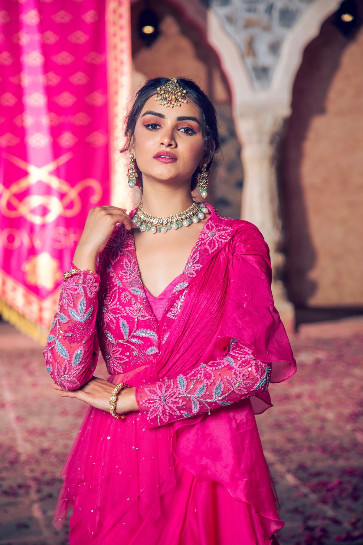 Hot Pink Embroidered Drape Saree Set