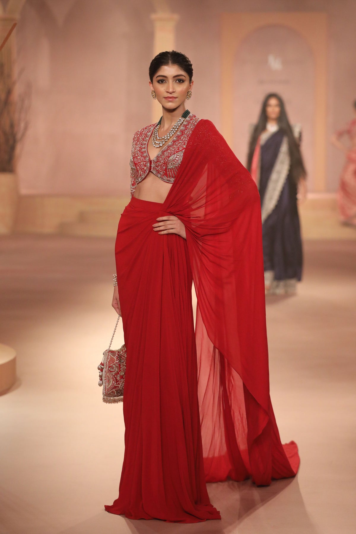 Red Pre-draped Saree Set