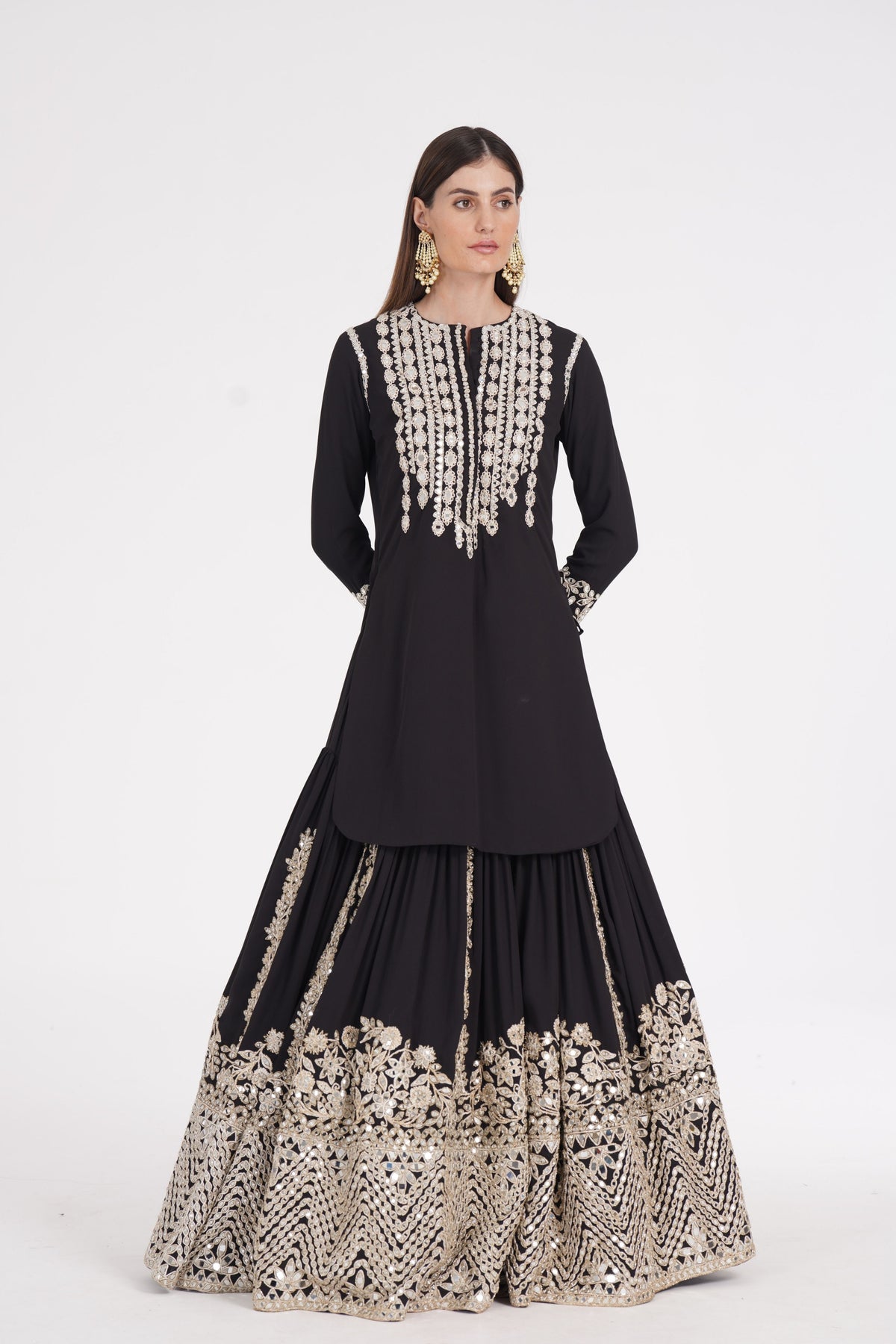 Carbon Black Embellished Kurta Skirt