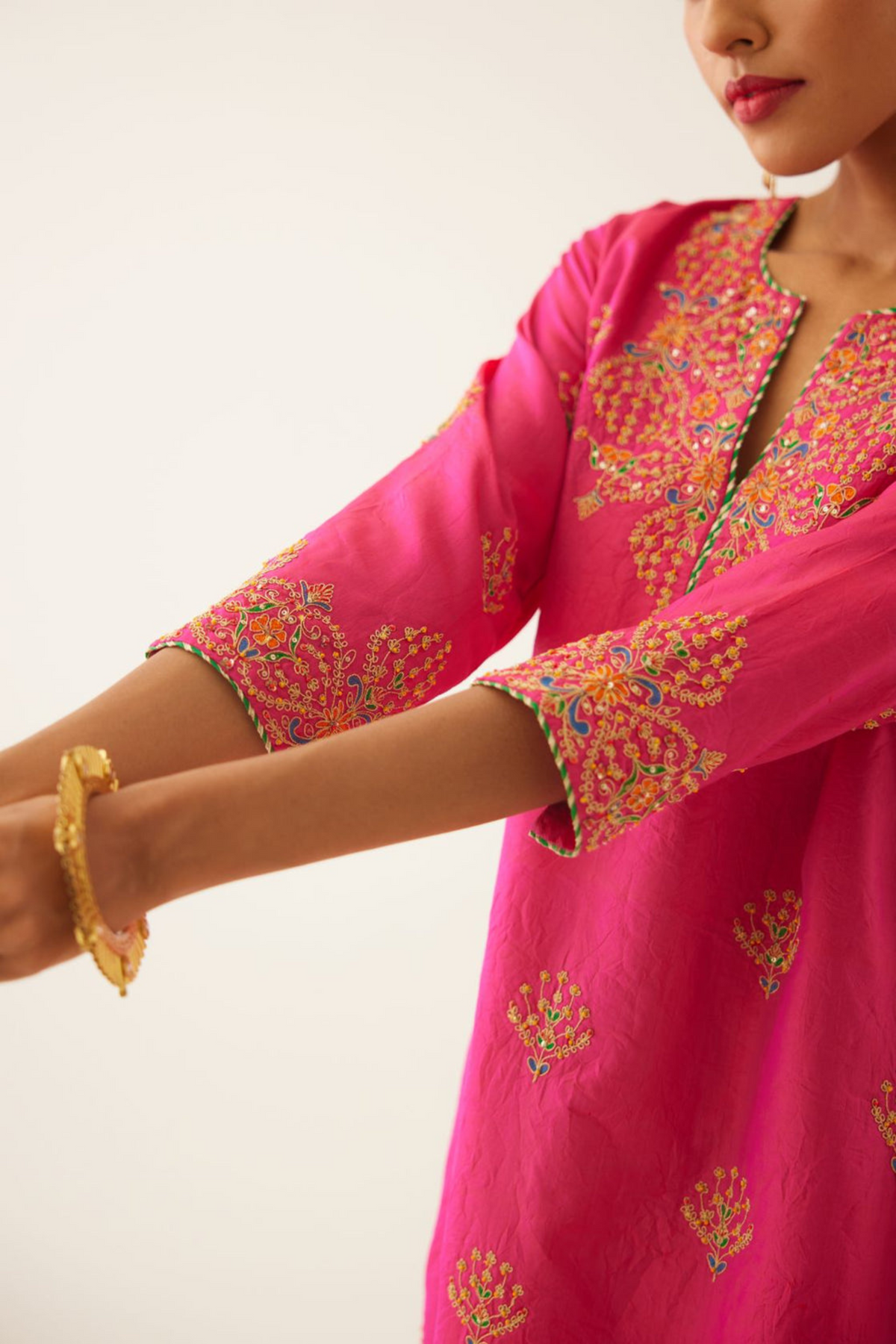 Raspberry Short Silk Kurta Set