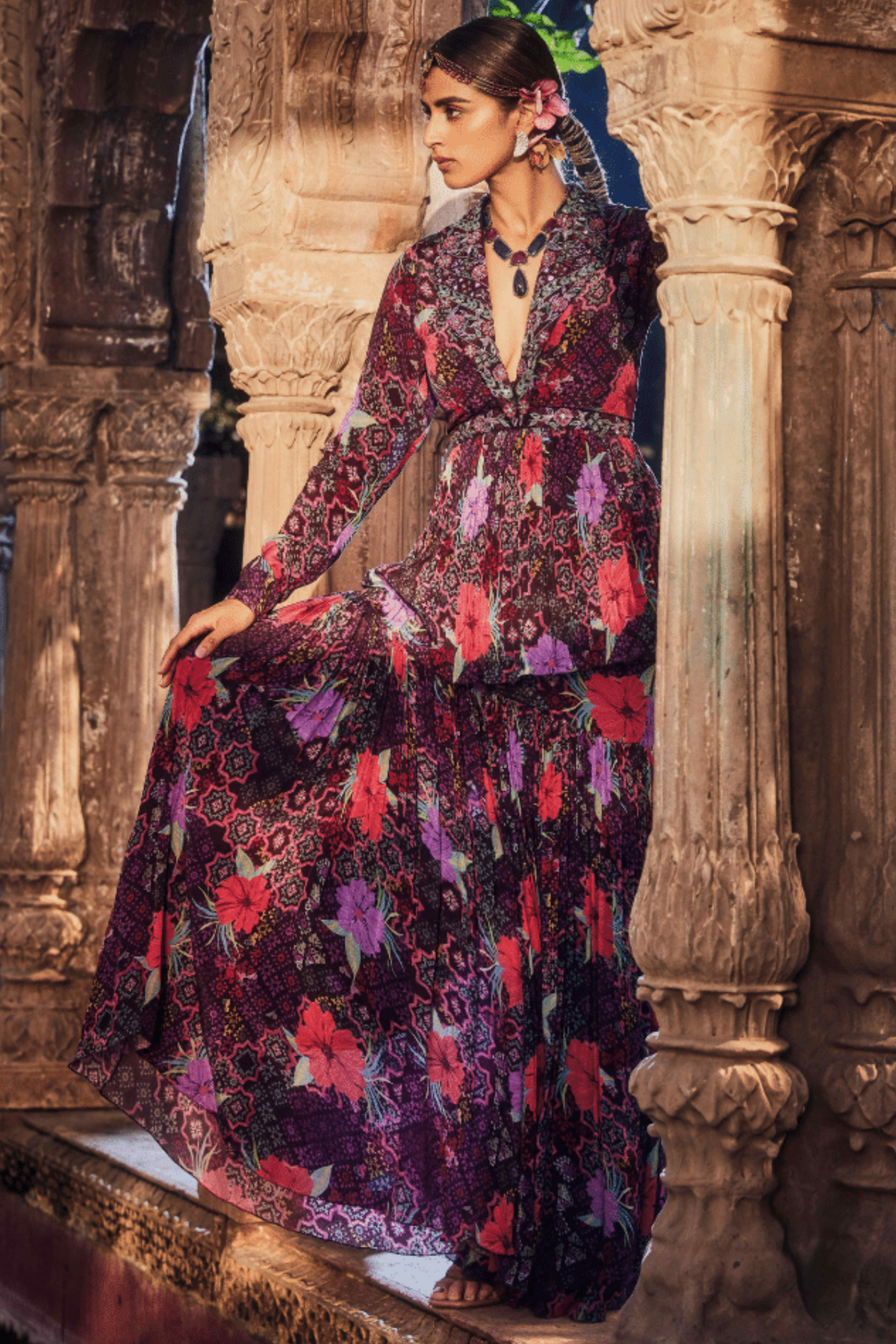 Sanjoli Wine Embroidered Sharara Set