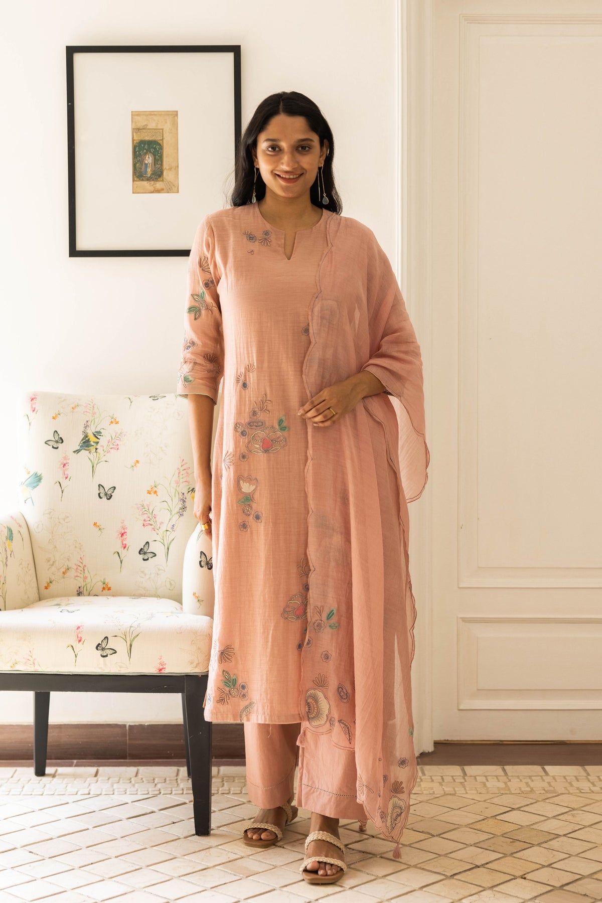 Oyster Pink Floral Kurta Set