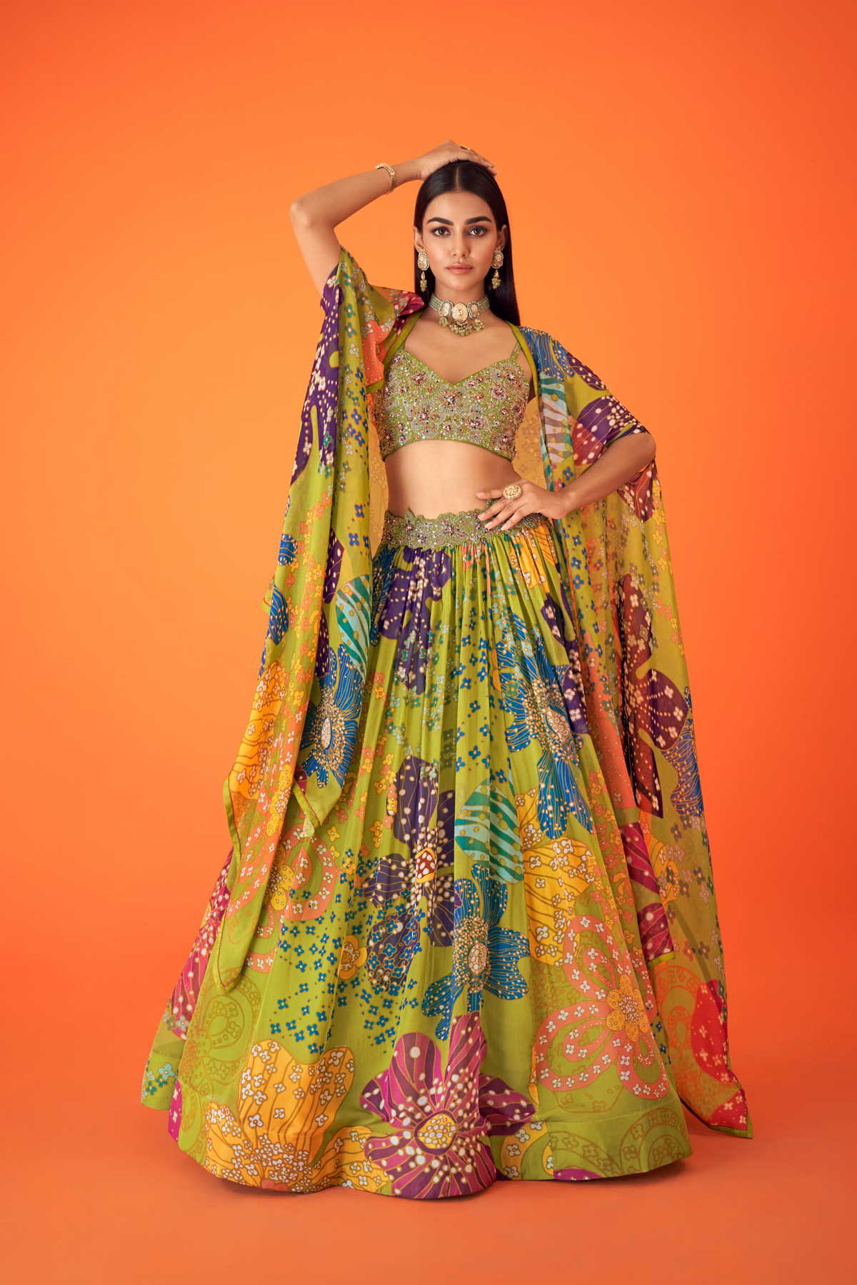 Green Floral Indowestern Lehenga Set