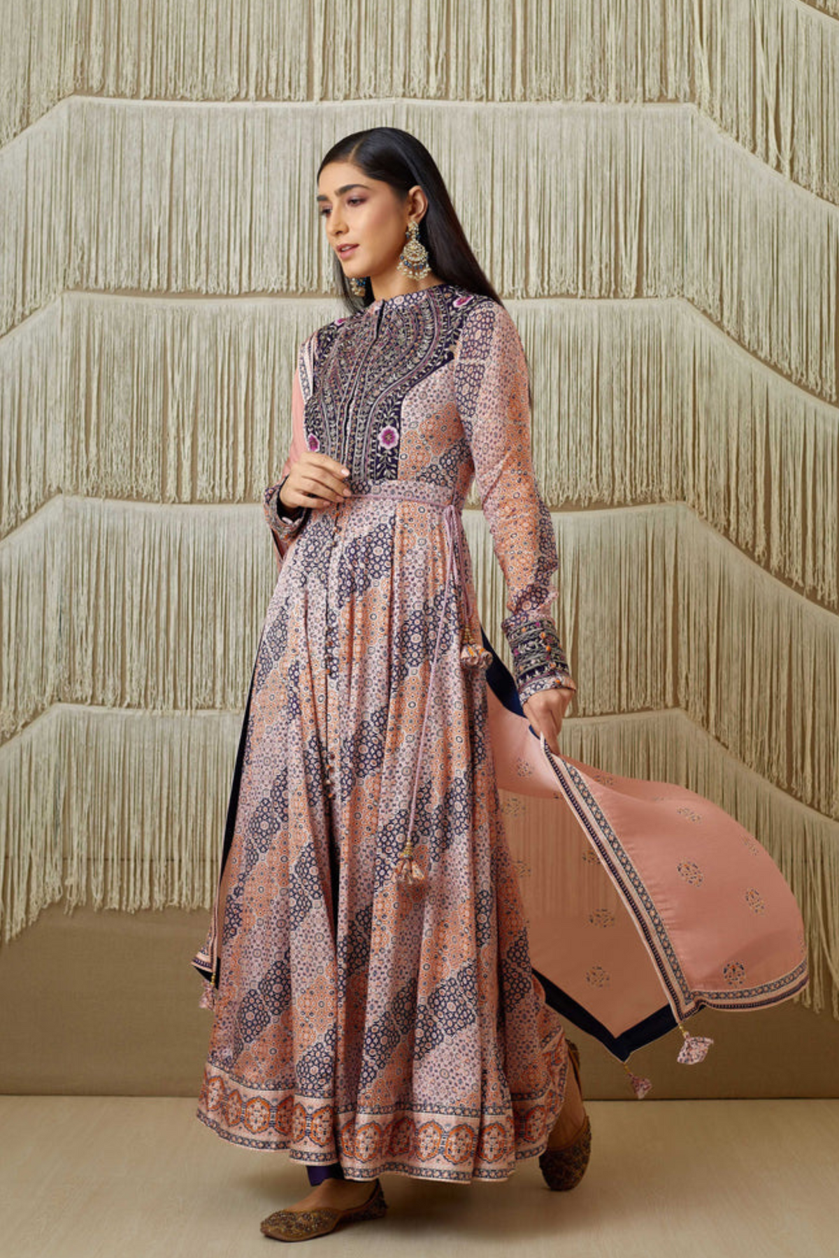 Pink and navy blue anarkali set