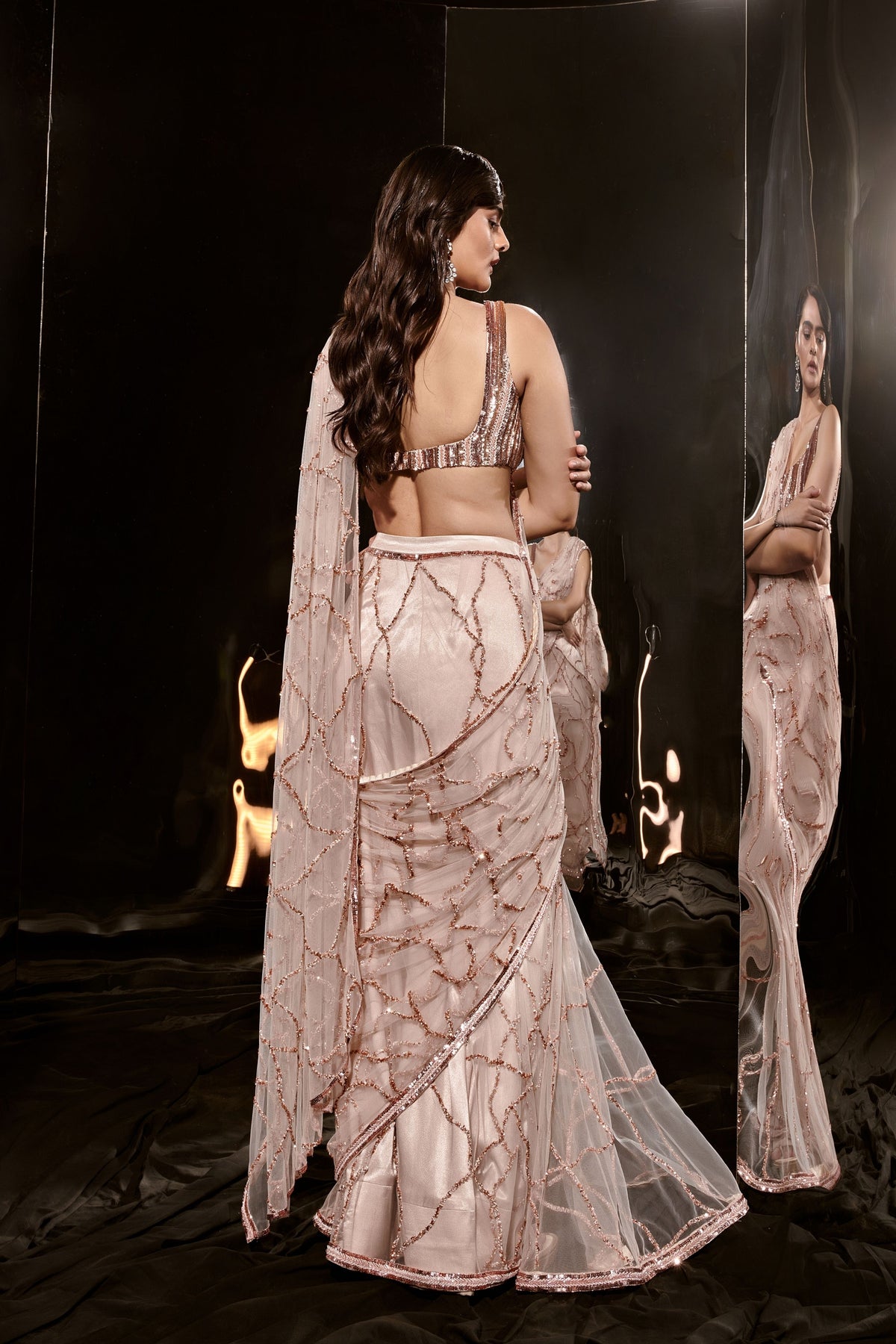 Nude Embroidered Saree Set