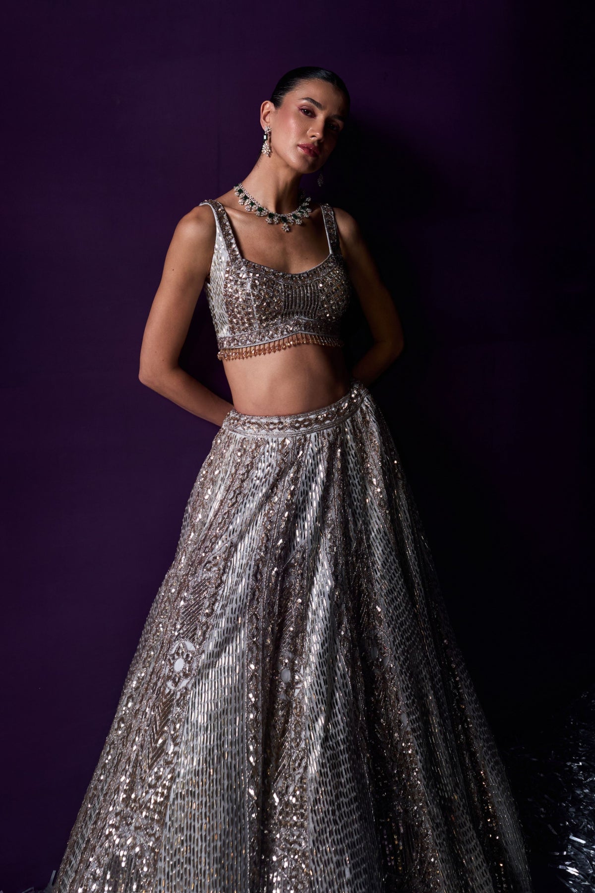 Grey Organza Embroired Lehenga Set