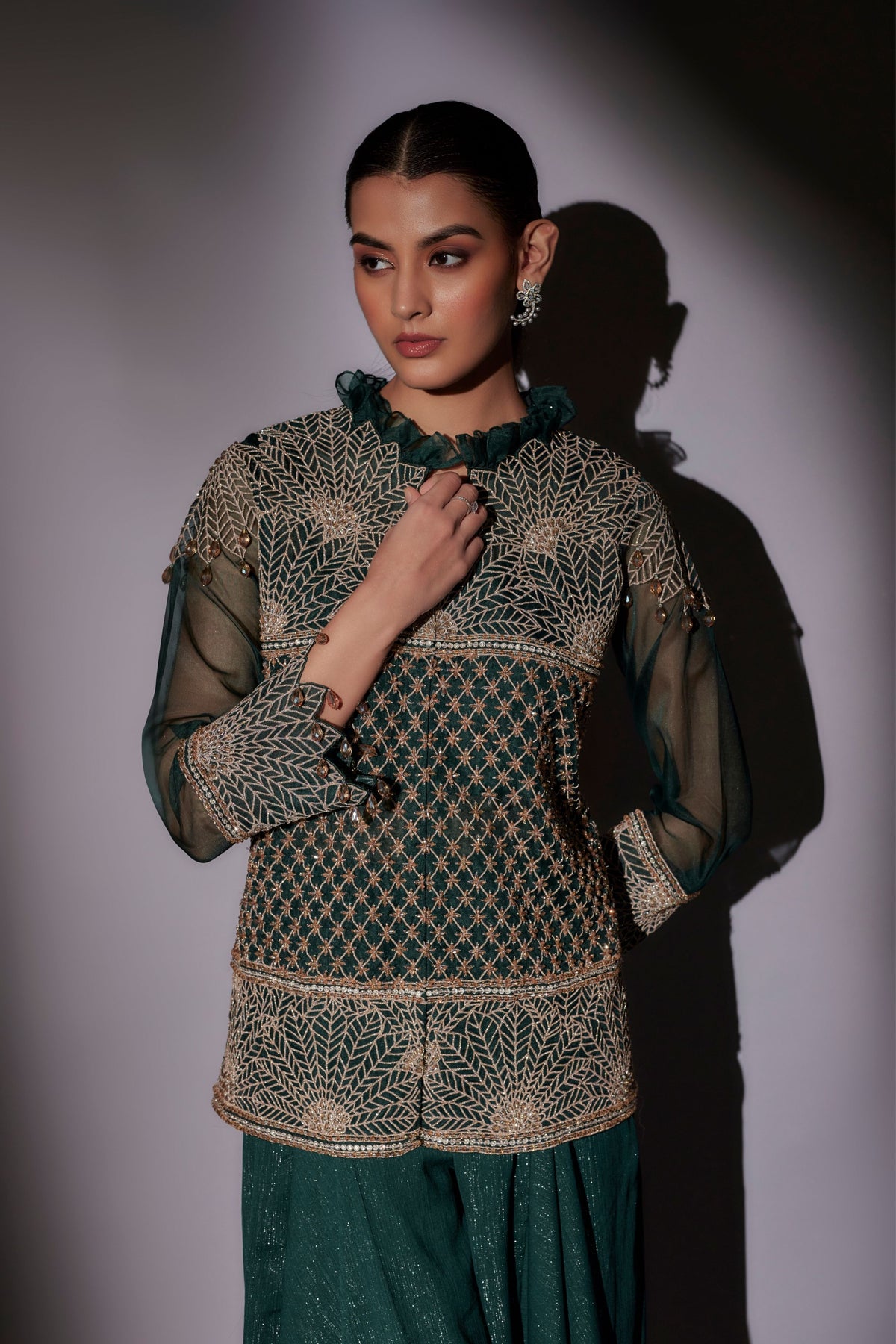 Green Embroidered Jacket Set