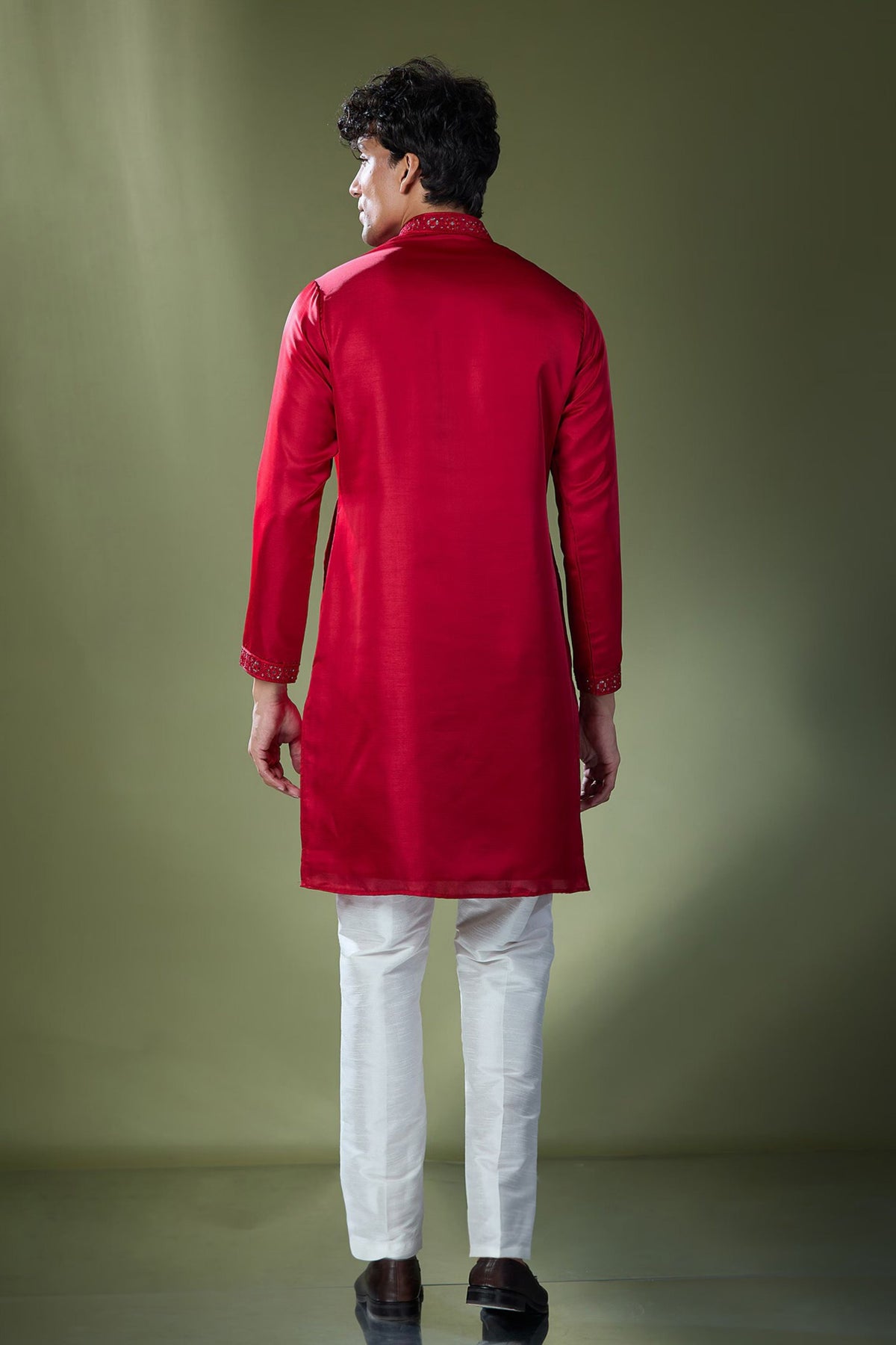 Cherry Red Mirror Embroidered Kurta Set